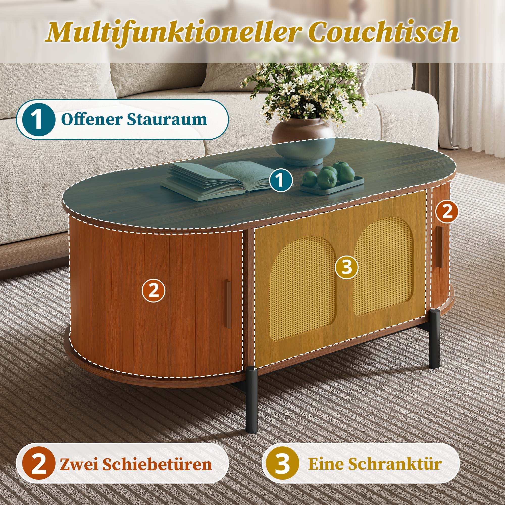Merax Couchtisch Oval Sofatisch Skandinavisch Beistelltisch mit Rattan-Oberfläche (100 x 50 x 40 cm, 1-St), Wohnzimmertisch mit Klapptür, 2 Schiebetüren, Staura – Bild 4 von 5