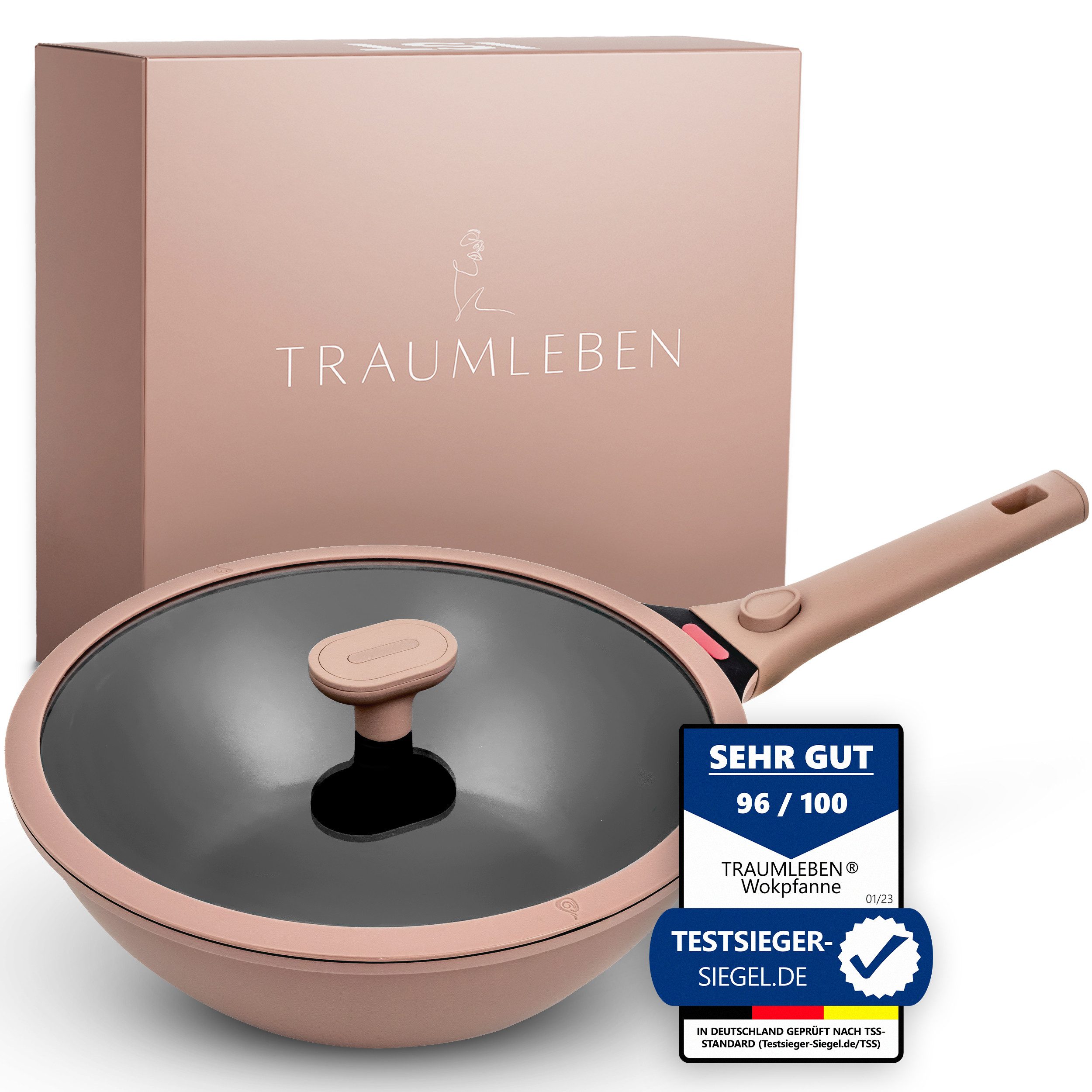 TRAUMLEBEN Wok 28 cm Wokpfanne mit Deckel, abnehmbarer Griff, Antihaftbeschichtung, aus Aluminium, für Induktion geeignet, backofenfest, hoher Rand