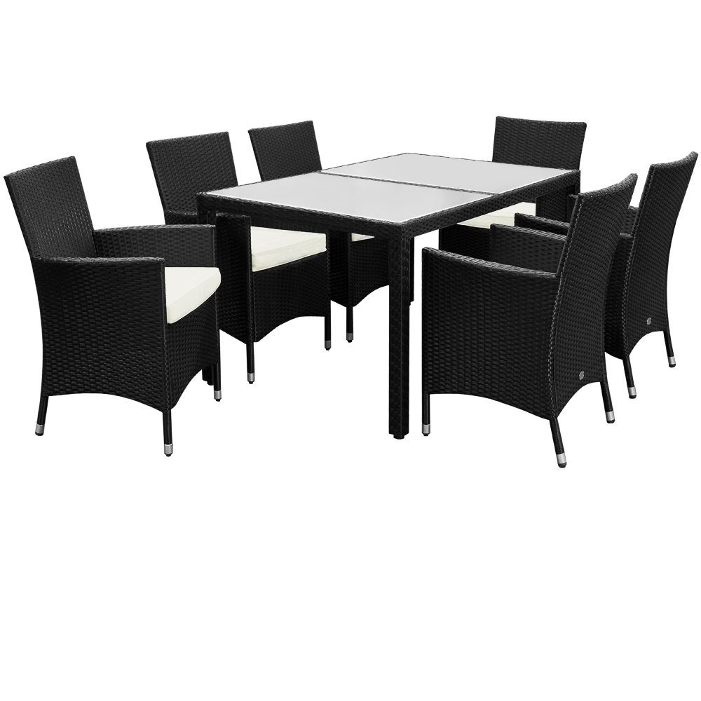 Casaria Sitzgruppe Mailand, Polyrattan 150x90cm Gartentisch 6 stapelbare Stühle 7cm Auflagen