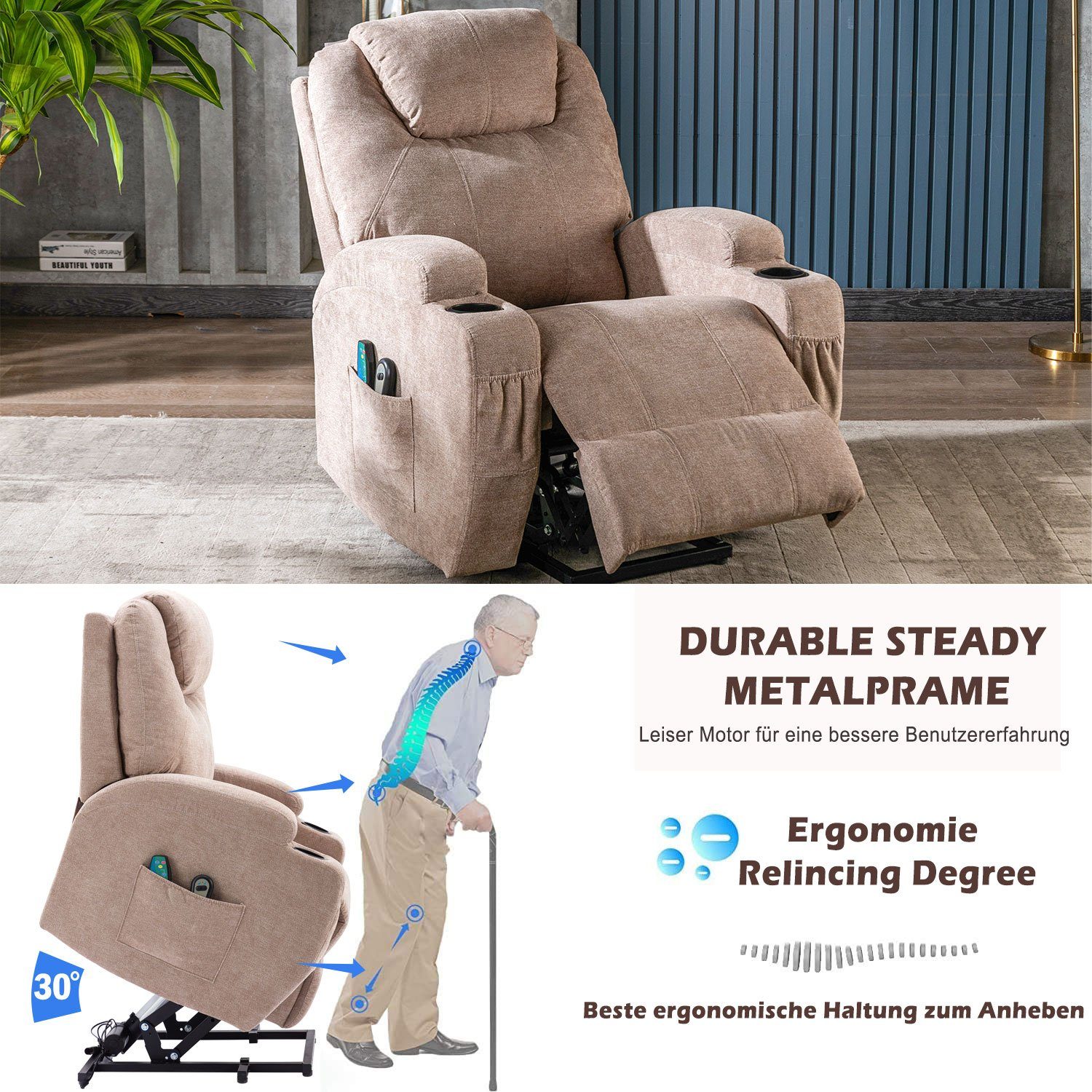 Vibrationsmassage, Hellbraun Massagesessel Fernbedienung und USB und Merax TV-Sessel mit Wärmefunktion relaxfunktion,