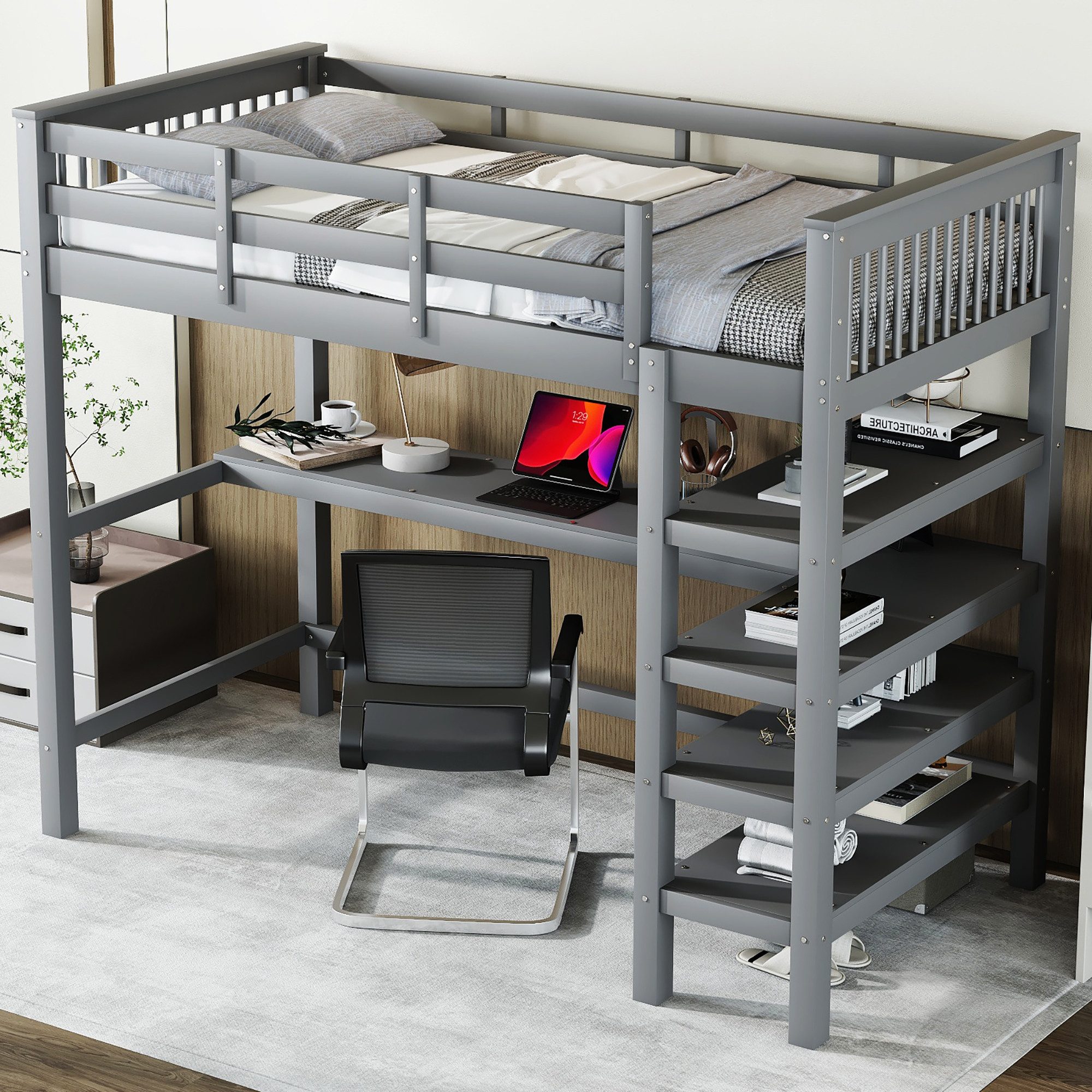 Ulife Hochbett Kinderbett Kiefernholzbett mit Ablagefächern günstig online kaufen
