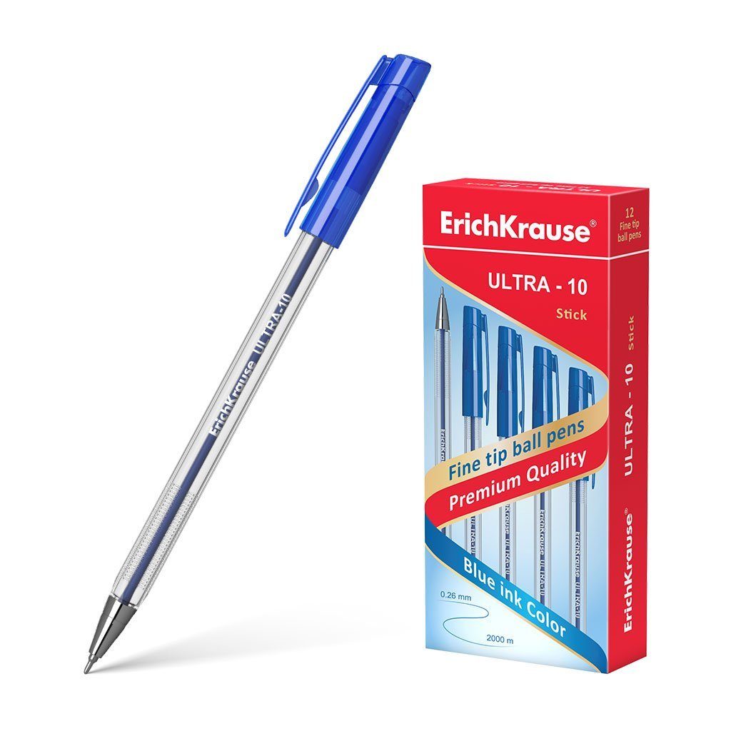 Krause Blau Kugelschreiber Kugelschreiber, 12er Erich ULTRA-10 Pack Klar Metallspitze Stick Tinte