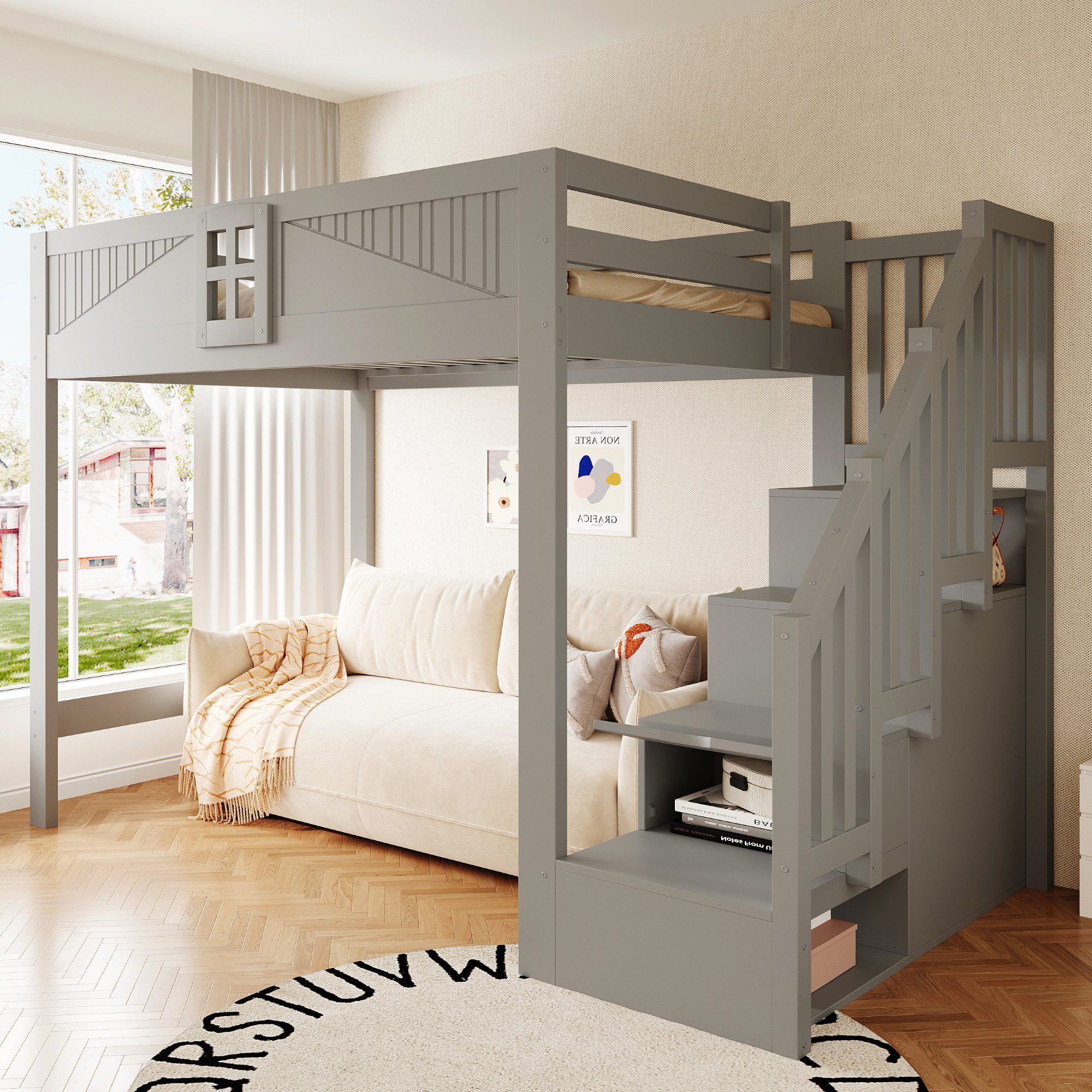 i@home Hochbett Multifunktionsbett Massivholz-Hochbett Holzbett Loftbett 140x200cm mit Sicherheitsgitter und Fenster Austauschbare Aufbewahrungsleiter
