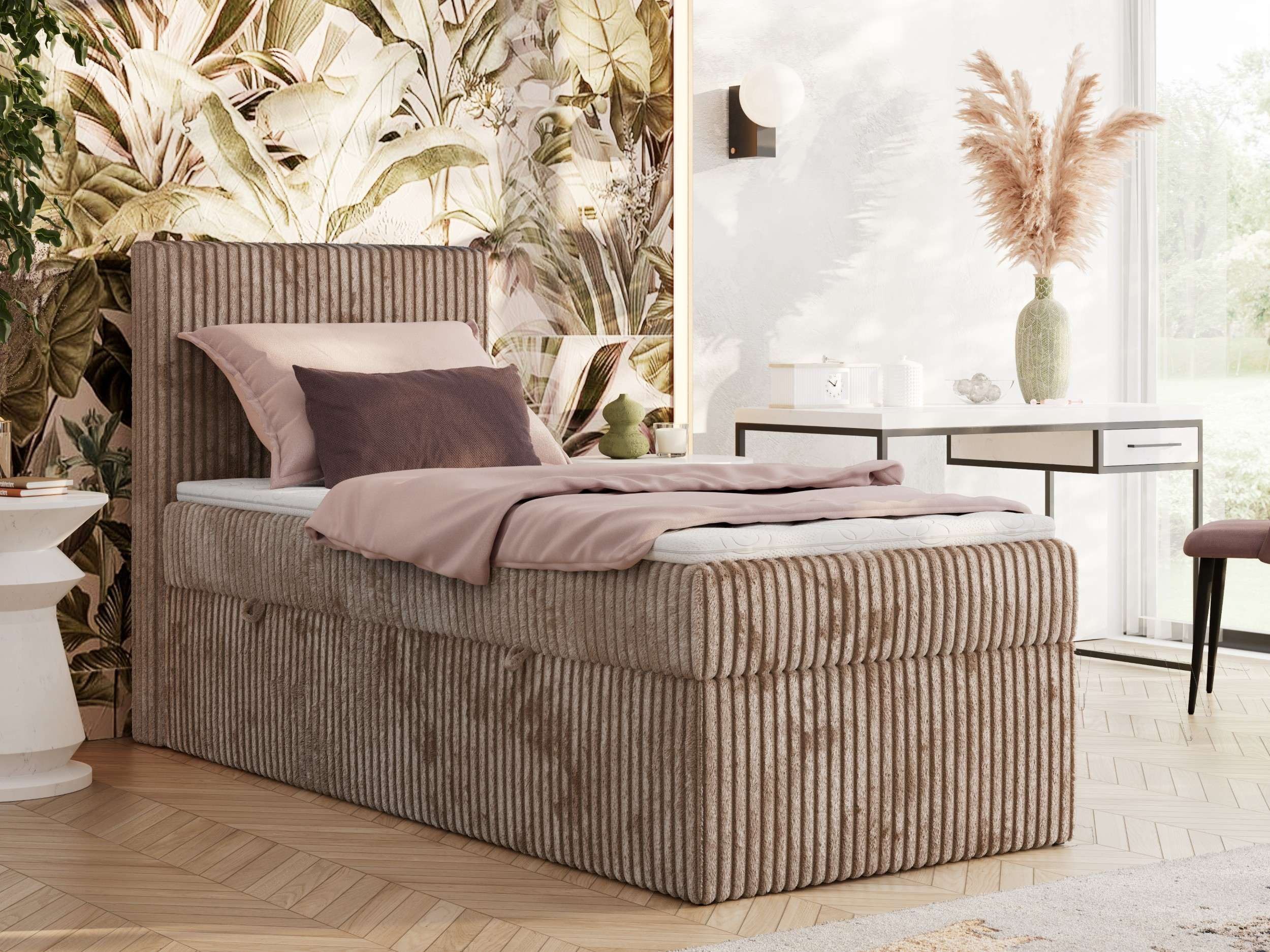 MKS MÖBEL Boxspringbett TILIANO 90 (Set, Topper T25 oder Visco, T30 Schaum, 7 Härtezonen), Einzelbett 90x200, Stauraum, Multipocket-Matratze, Kopfteil