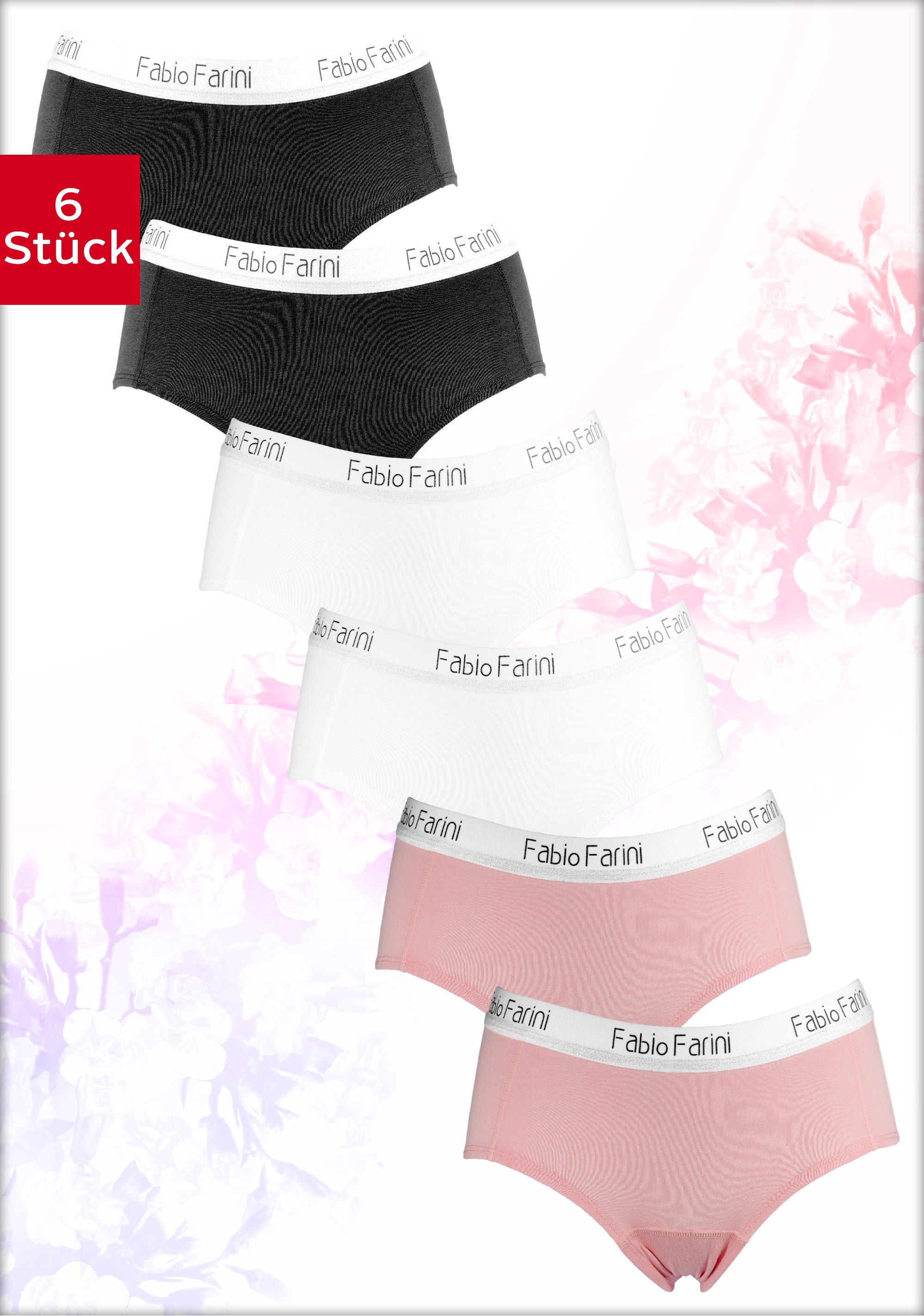 Fabio Farini Slip Damen Unterhosen - Frauen Hipster Panties aus elastischer Baumwolle (Packung, 6-St) im sportlich modernen Look mit Logo-Bund Schwarz/Weiß/Rosa