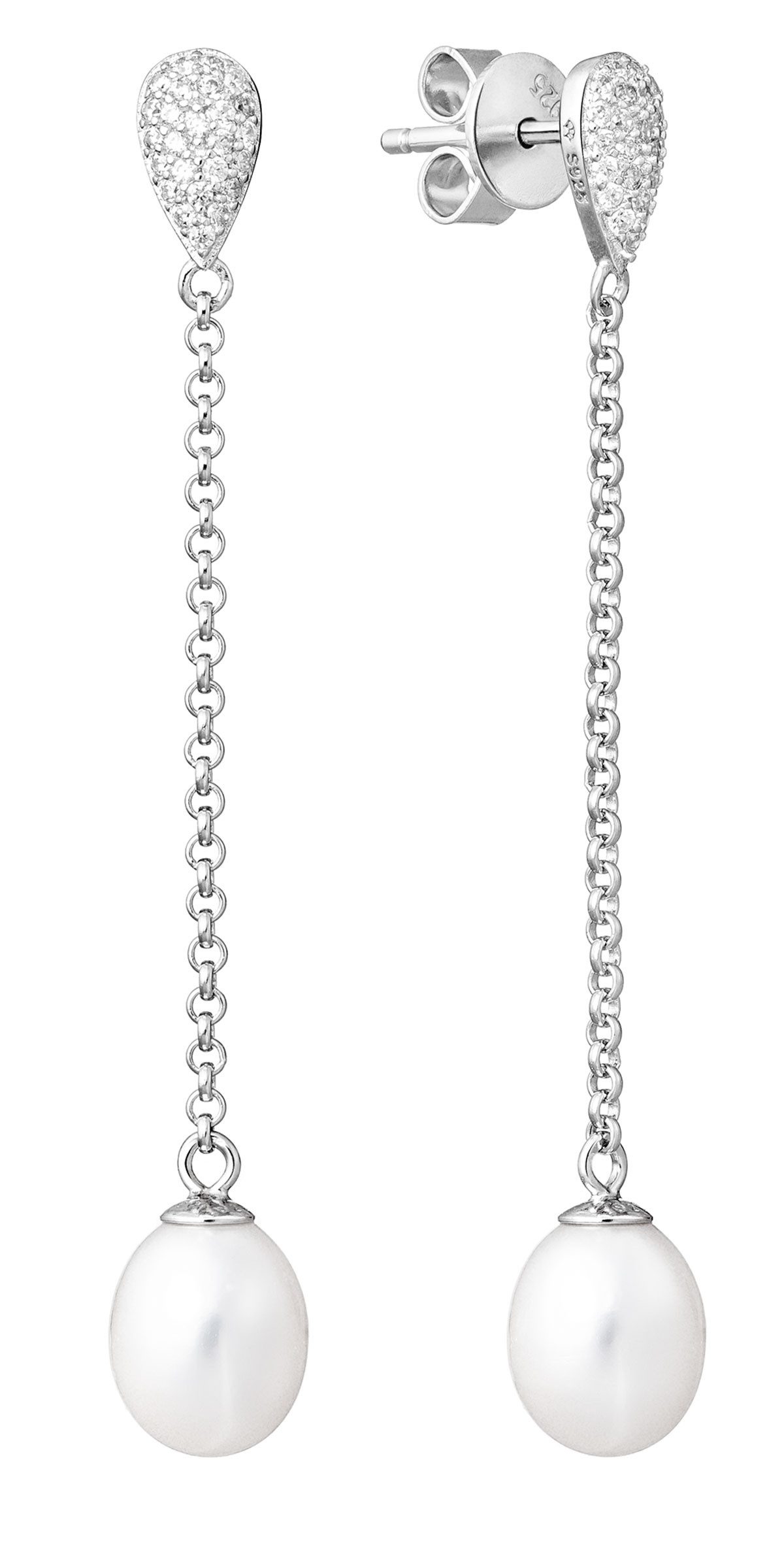 Gaura Pearls Paar Ohrstecker Perlenohrstecker hängend weiß 7.5-8.5 mm, echte Süßwasserzuchtperle, 925er Sterlingsilber, rhodiniert