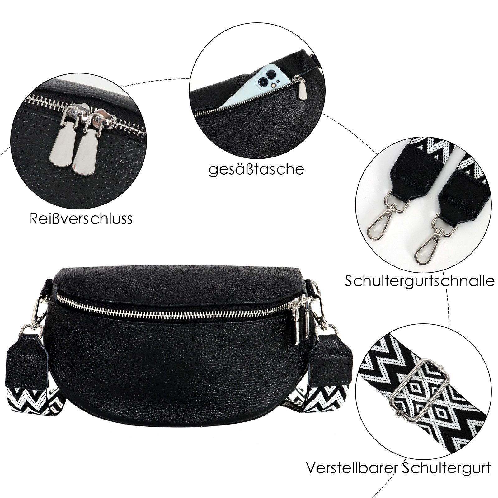 TAN.TOMI Schultertasche Umhängetasche Damen Klein Bauchtasche Damen Stylisch Crossbag, Bauchtasche,Umhängetasche, Echtleder – Bild 4 von 5