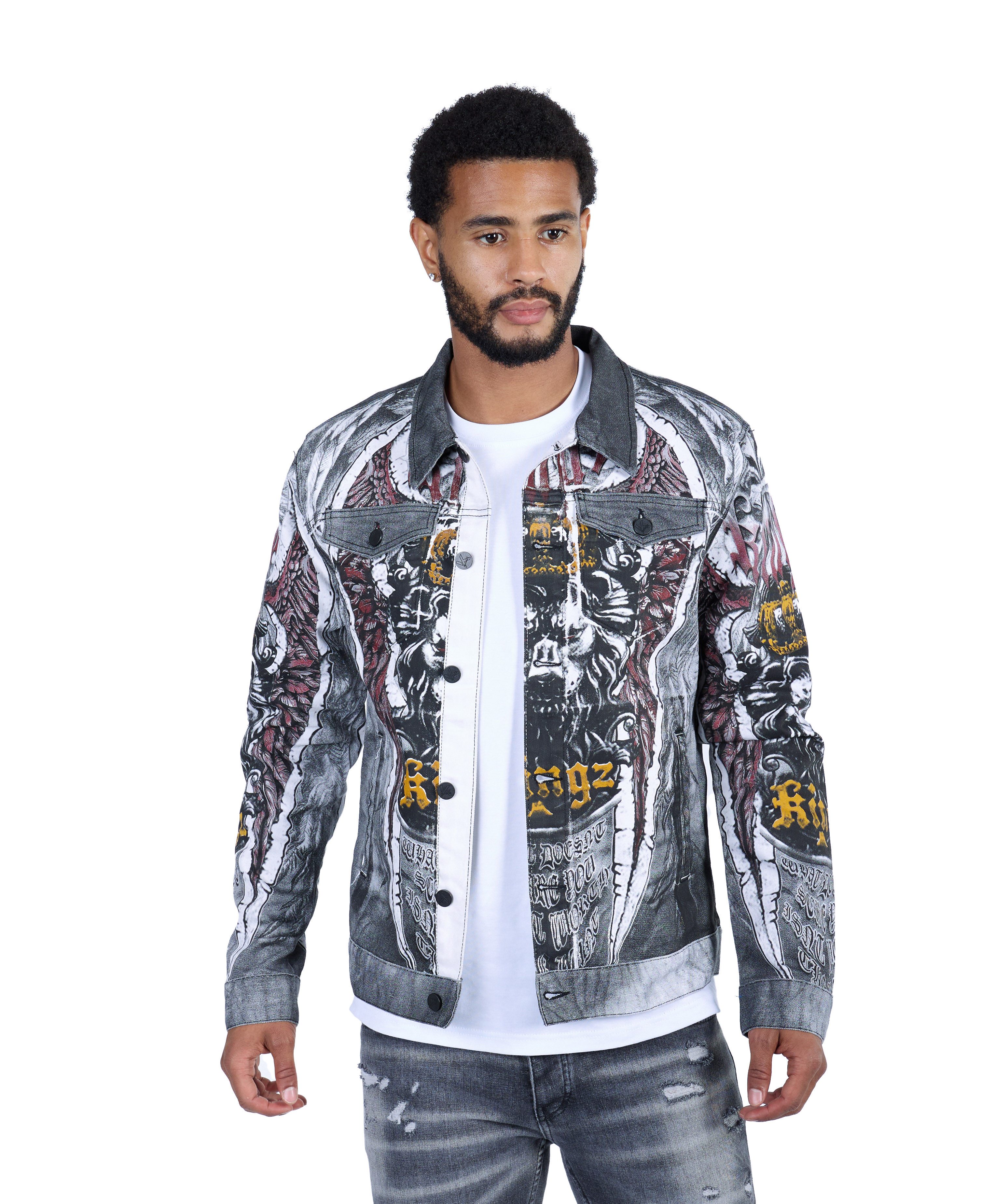 KINGZ Jeansjacke Designer Jeansjacke mit All-Over Print Weiß M