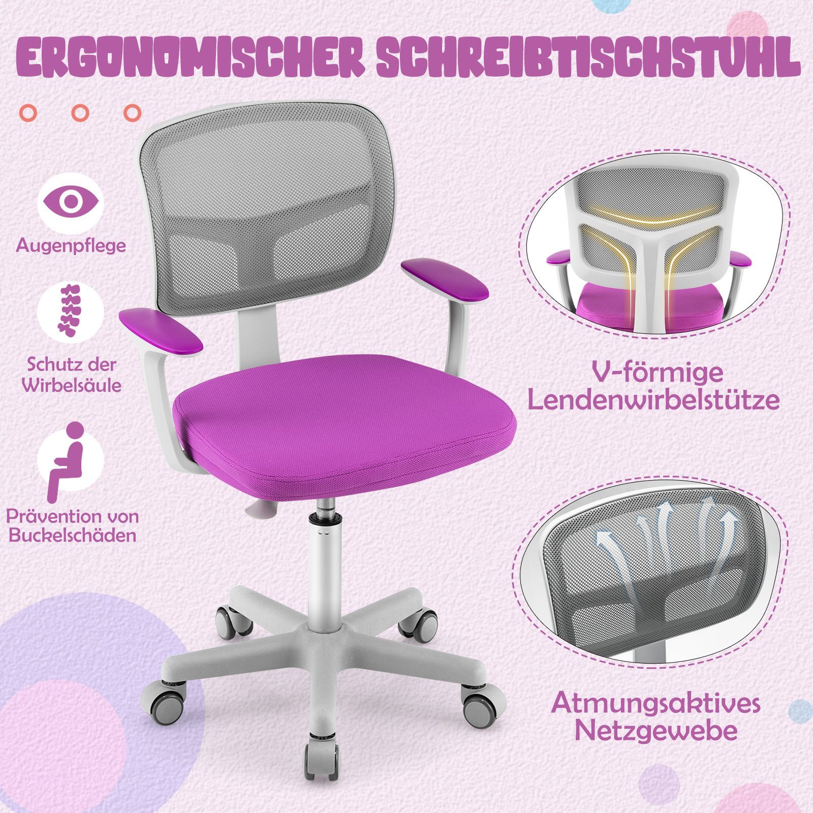 COSTWAY Schreibtischstuhl Kinder, Drehstuhl höhenverstellbar, von 3-10 Jahre