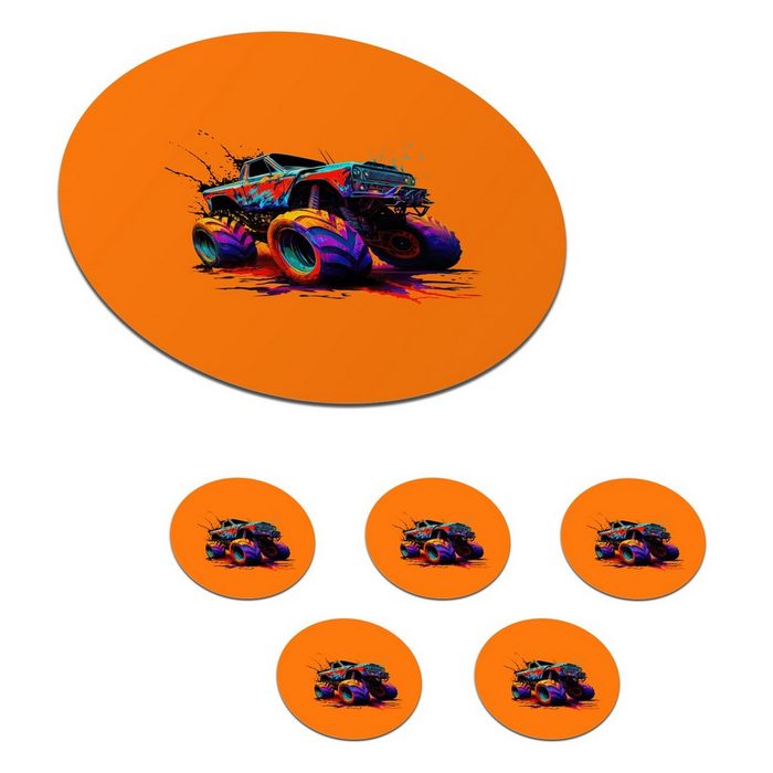 MuchoWow Glasuntersetzer Monstertruck - Neon - Farbe - Orange Zubehör für Gläser 6-tlg. Getränkeuntersetzer Tassenuntersetzer Korkuntersetzer Tasse Becher