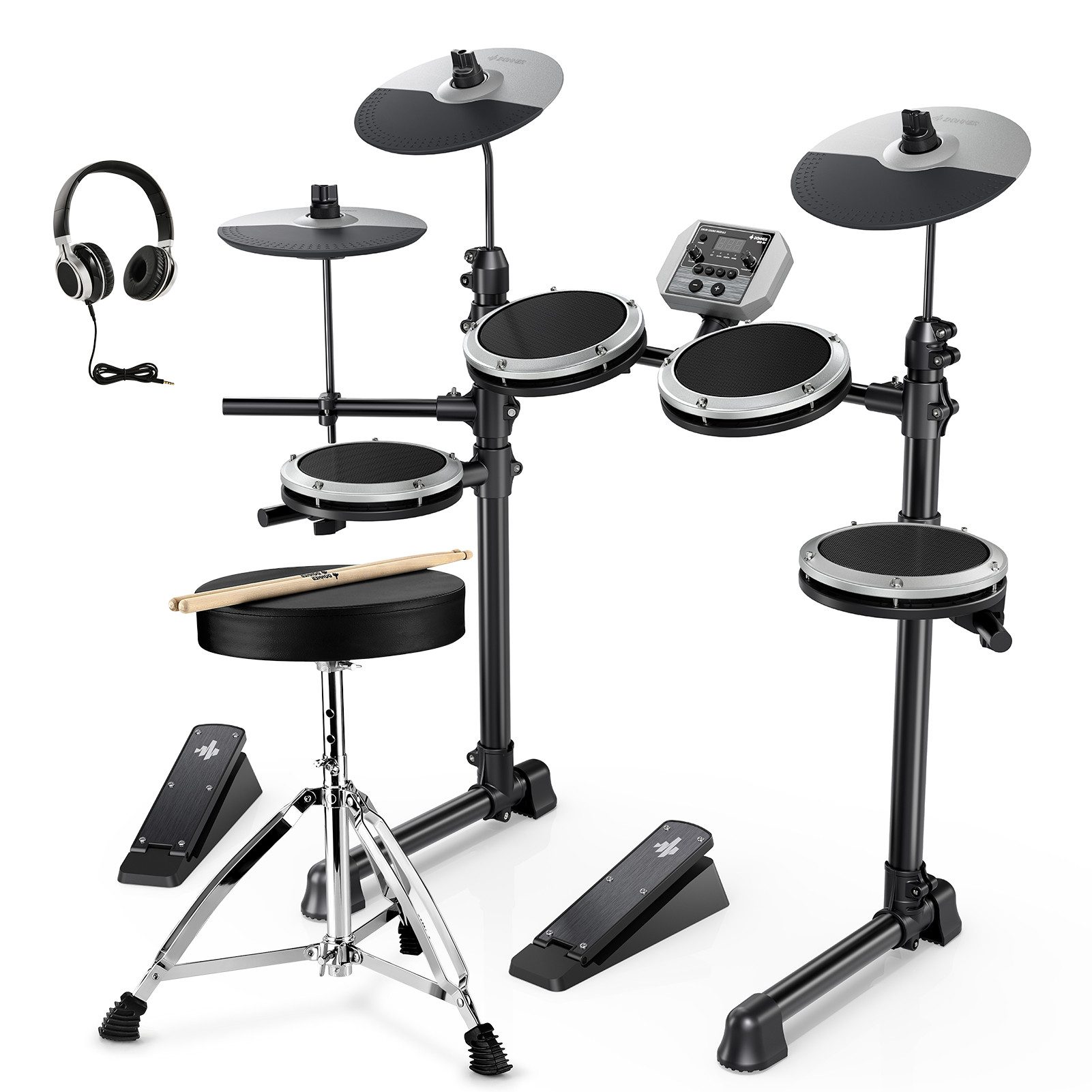 Donner E-Drum Elektronisches Schlagzeug mit 4 leisen Mesh-Pads DED-80,Ein komplettes E-Drum-Set, Kopfhörer/Sticks/Drumthron, 2 Pedale für leises Üben für Anfänger