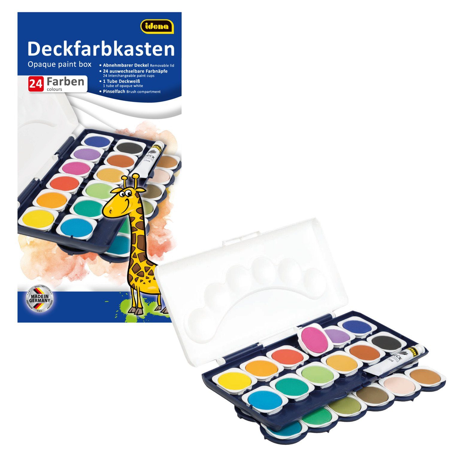 Idena Farbkasten Idena 22064 - Deckfarbkasten mit 24 Farben und 1 Tube Deckweiß, ideal