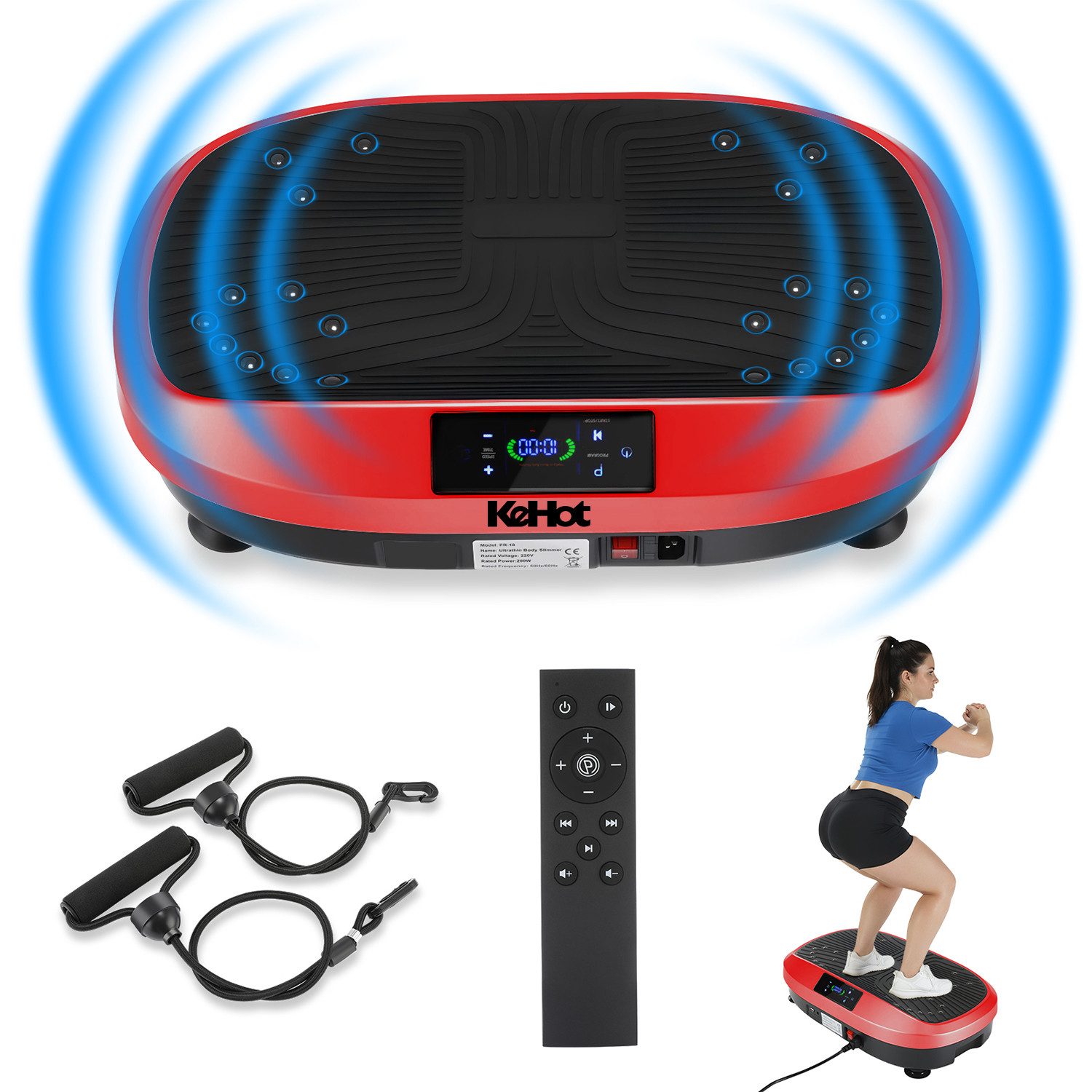 kehot Vibrationsplatte Vibrationsplatte für Ganzkörpertraining, LED Display & Fernbedienung, 200 W, 120 Intensitätsstufen, Leise Trainingsplatte mit Widerstandsbändern, Home Fitnessgerät,120 kg