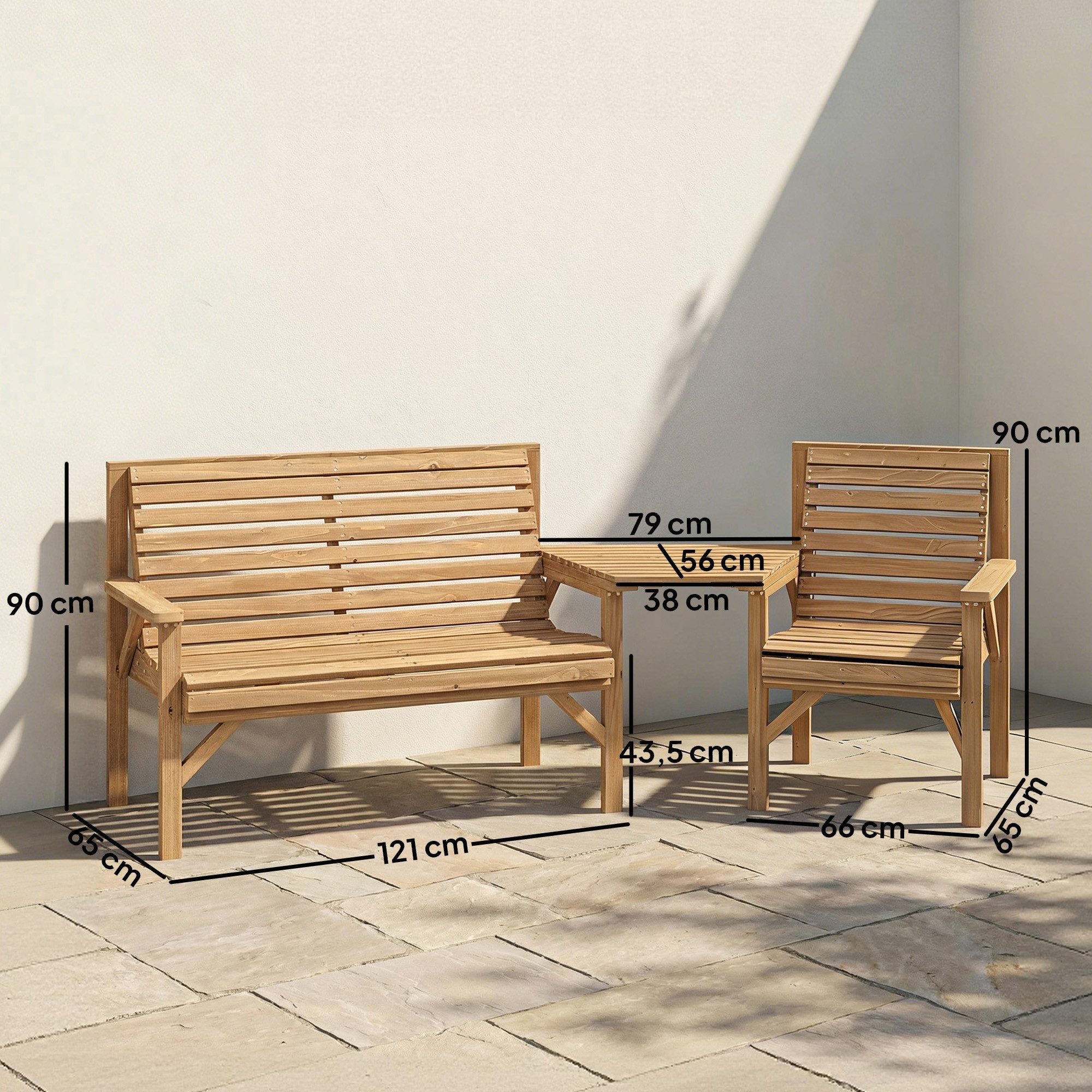 Outsunny Gartenlounge-Set Balkonmöbel Set mit Sonnenschirmloch Gartenstuhl Bank abnehmbar Tisch, (Sitzgruppe, 3-tlg., Gartenstühle), für Balkon, Terrasse, Garten, Naturholz, 121 x 65 x 90 cm