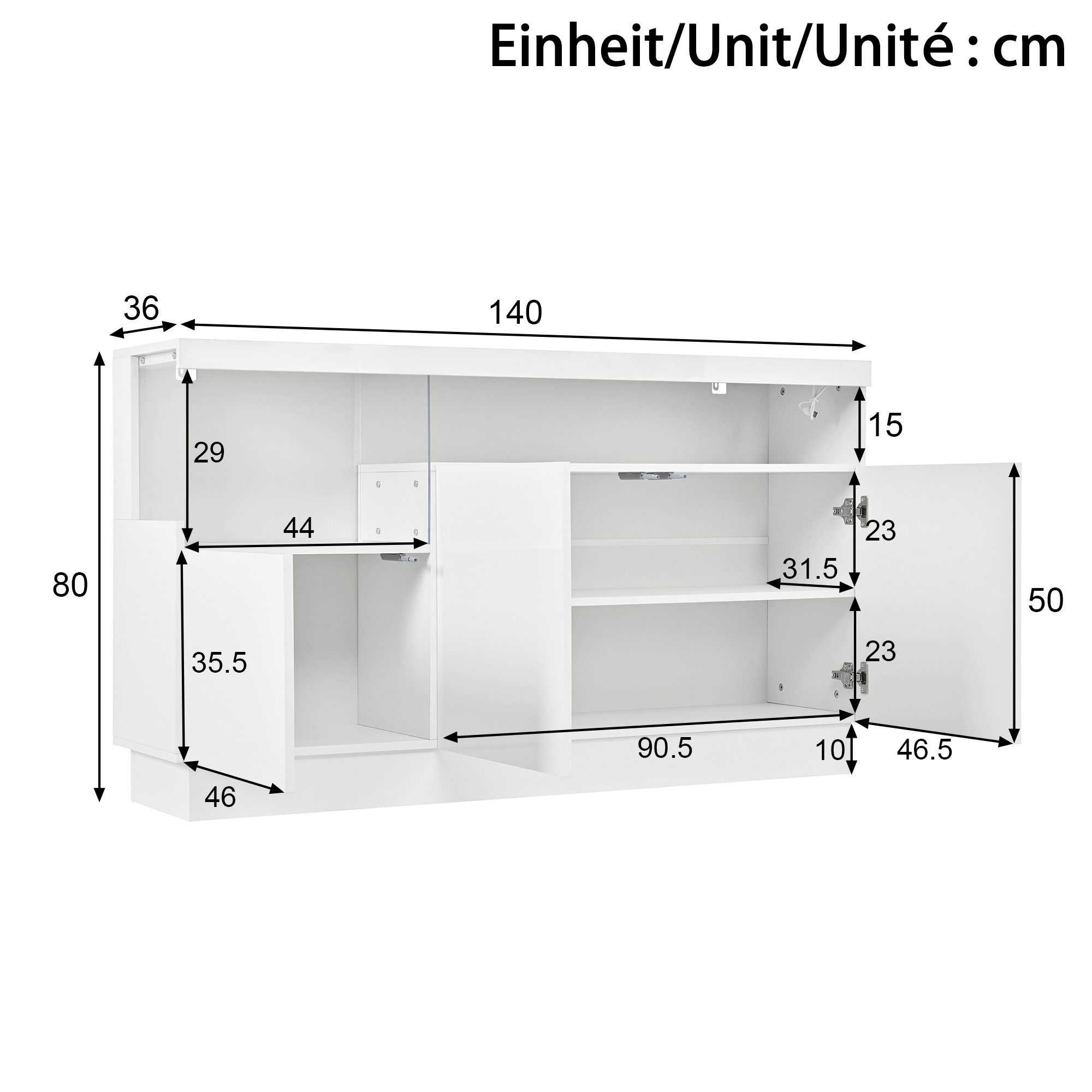 Ulife Sideboard LED-Beleuchtung APP-Steuerung,Acrylfach, Weiß, 140*36*80cm (1 St), APP-gesteuerte LED-Beleuchtung