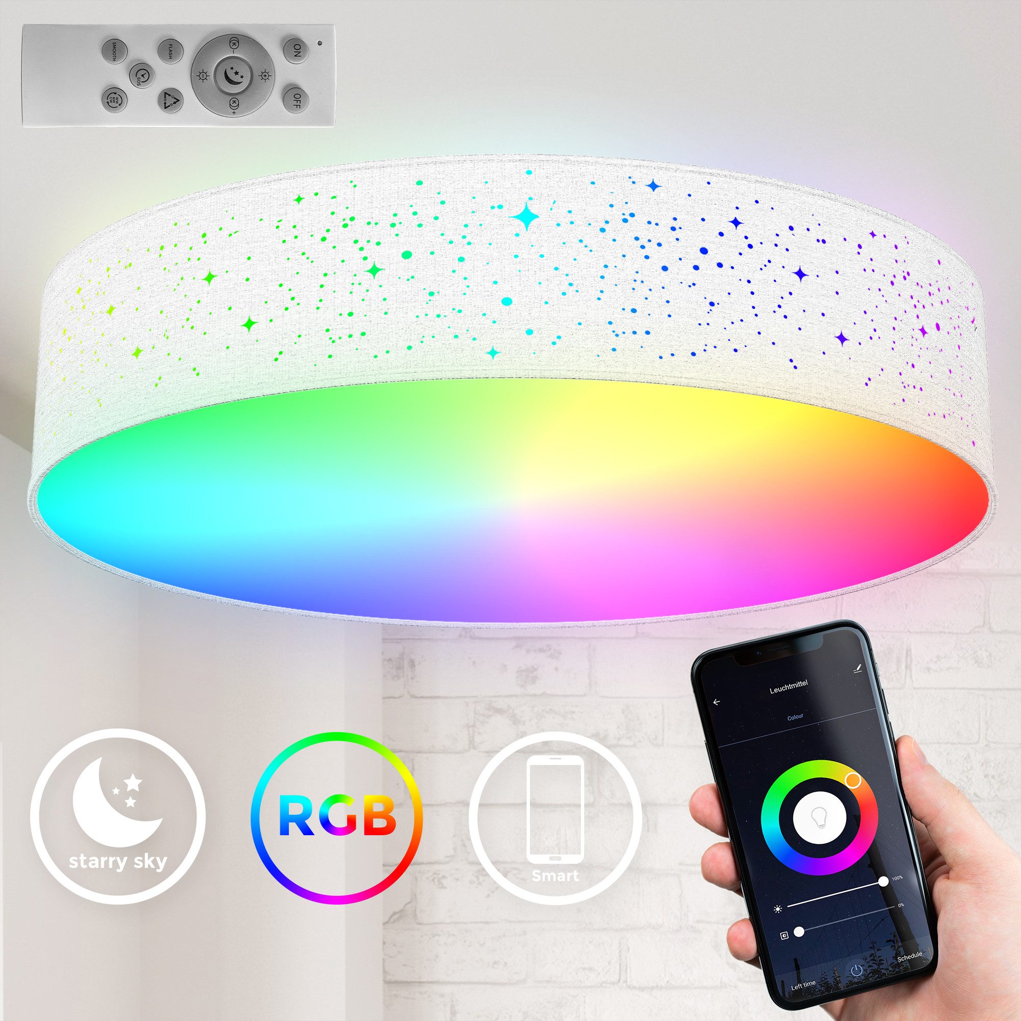 B.K.Licht LED Deckenleuchte WiFi RGB-CCT Deckenlampe, APP-Steuerung, iOS+Andorid, Smart Home, LED fest integriert, RGB, inkl. Fernbedienung, Farbwechsel und Lichteffekte, Ø49cm