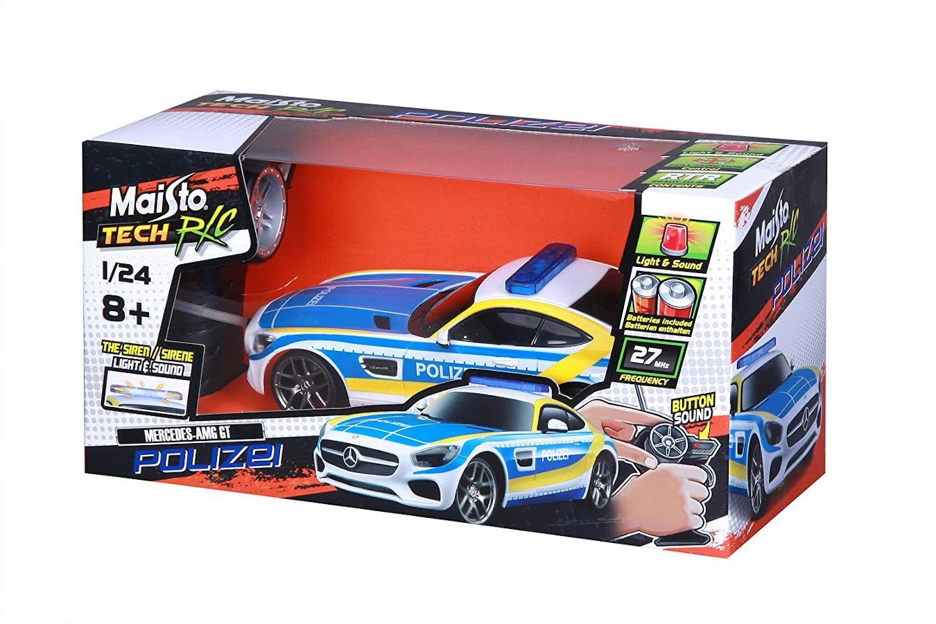 Maisto Tech RC-Auto Ferngesteuertes Auto - Mercedes AMG GT Polizei (Maßstab 1:24), Pistolengriff-Fernsteuerung