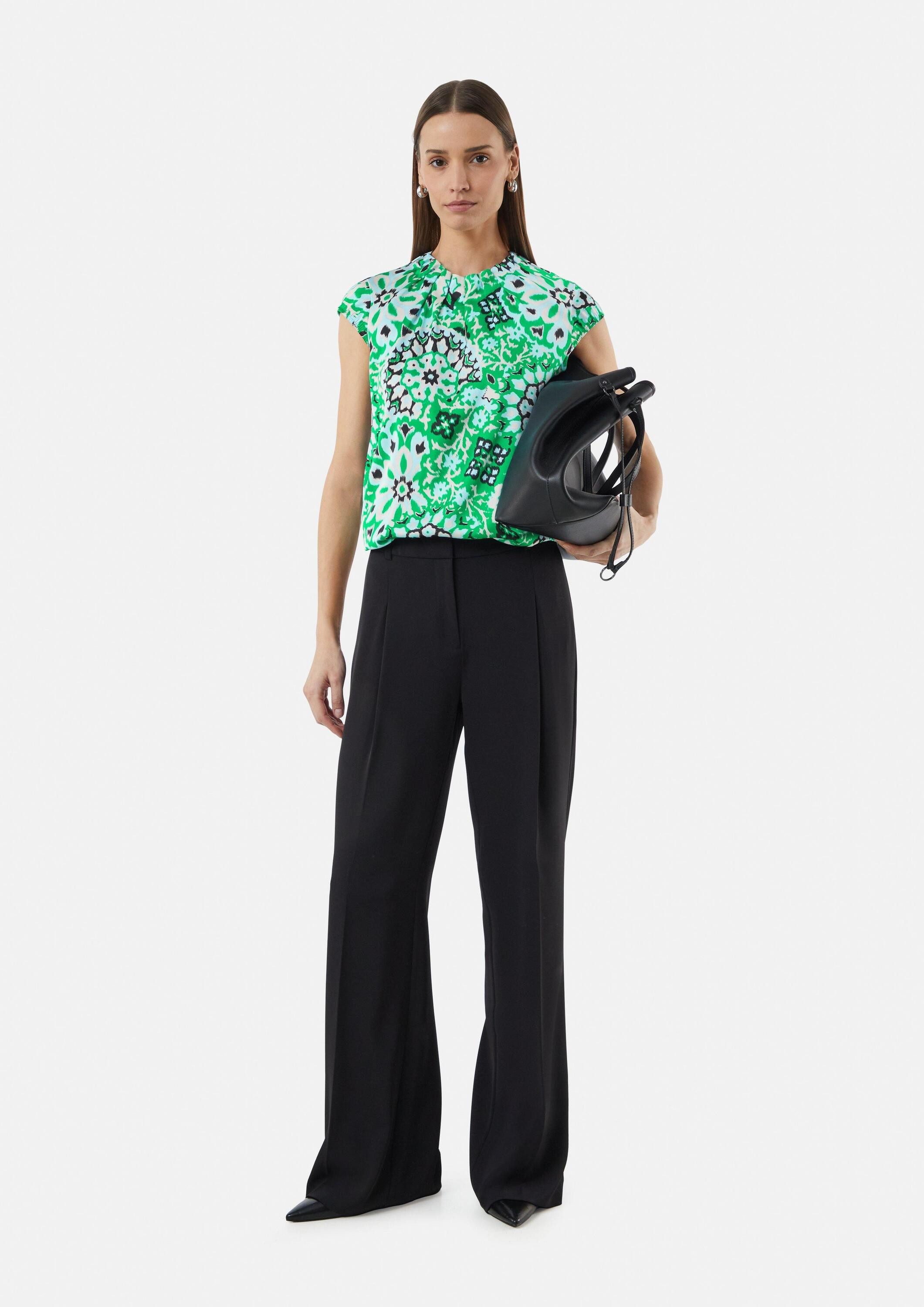 comma Kurzarmbluse Bluse Satinbluse mit Raffung und All-Over Print