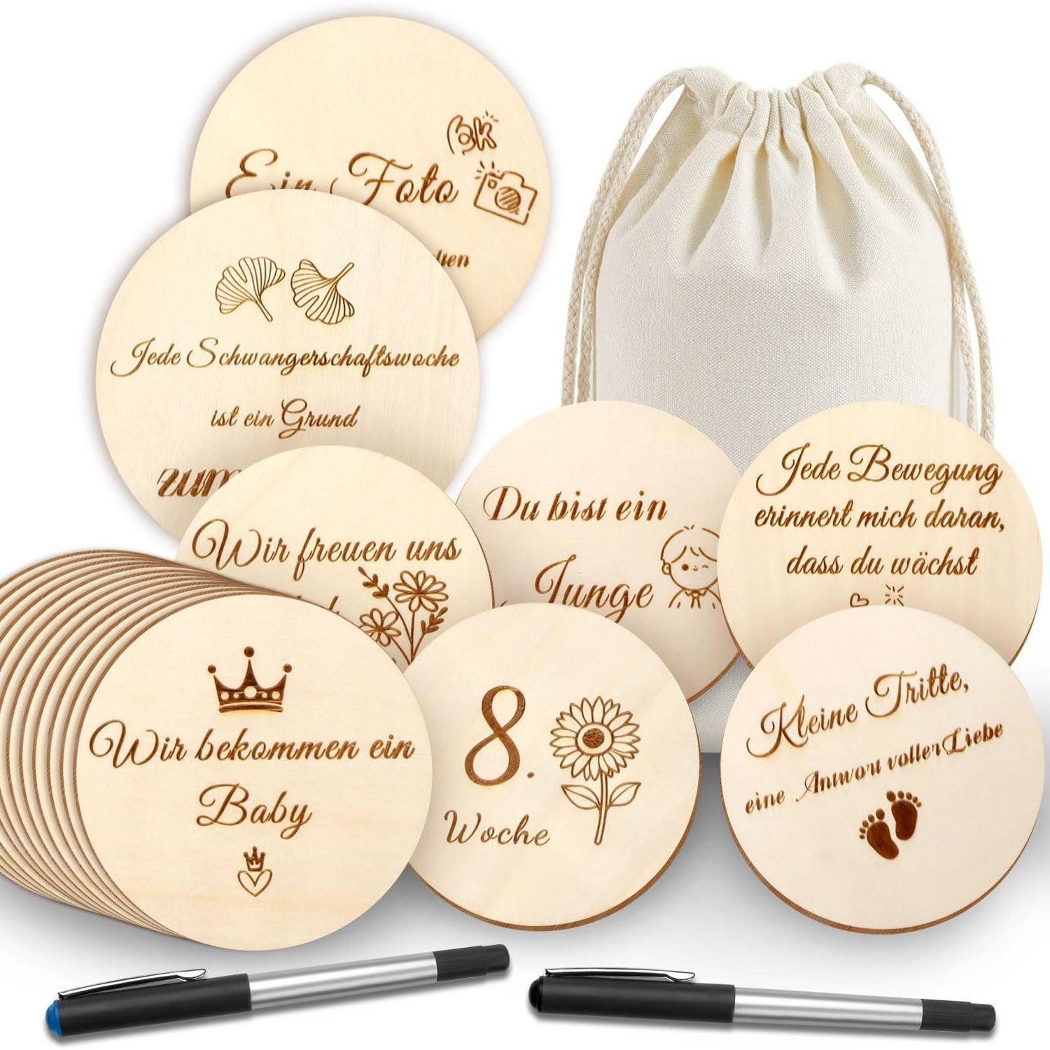 LuxusKollektion Geschenkbox Meilensteinkarten Schwangerschaft Holz Ø10cm 40 Stück