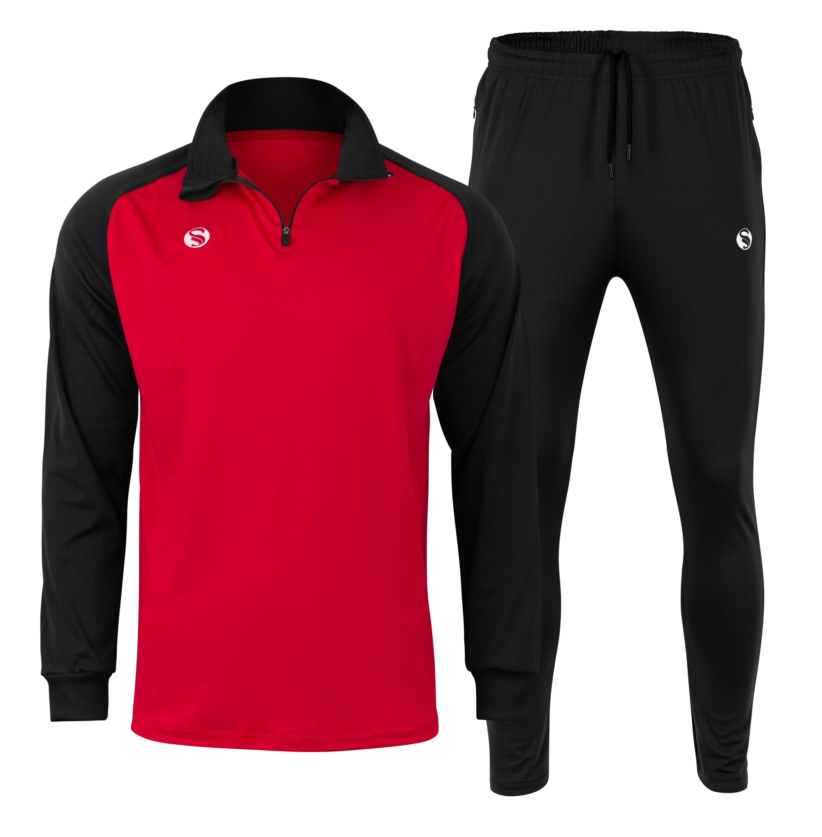 Stark Soul® Trainingsanzug Trainingsanzug "WARM UP" für Herren, bequemer Tracksuit, (Trainingsshirt und Trainingshose), mit 1/4 Reißverschluss und Seitentaschen Rot-Schwarz