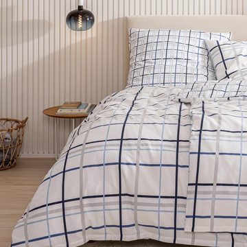 Bettwäsche Maritime Käptn Karo, 100 % Baumwolle in Biber/ Flanell, weiß blau grau, MTOnlinehandel, Biber, 2 teilig, kariertes Design in Blautönen, ideal auch als Partnerbettwäsche