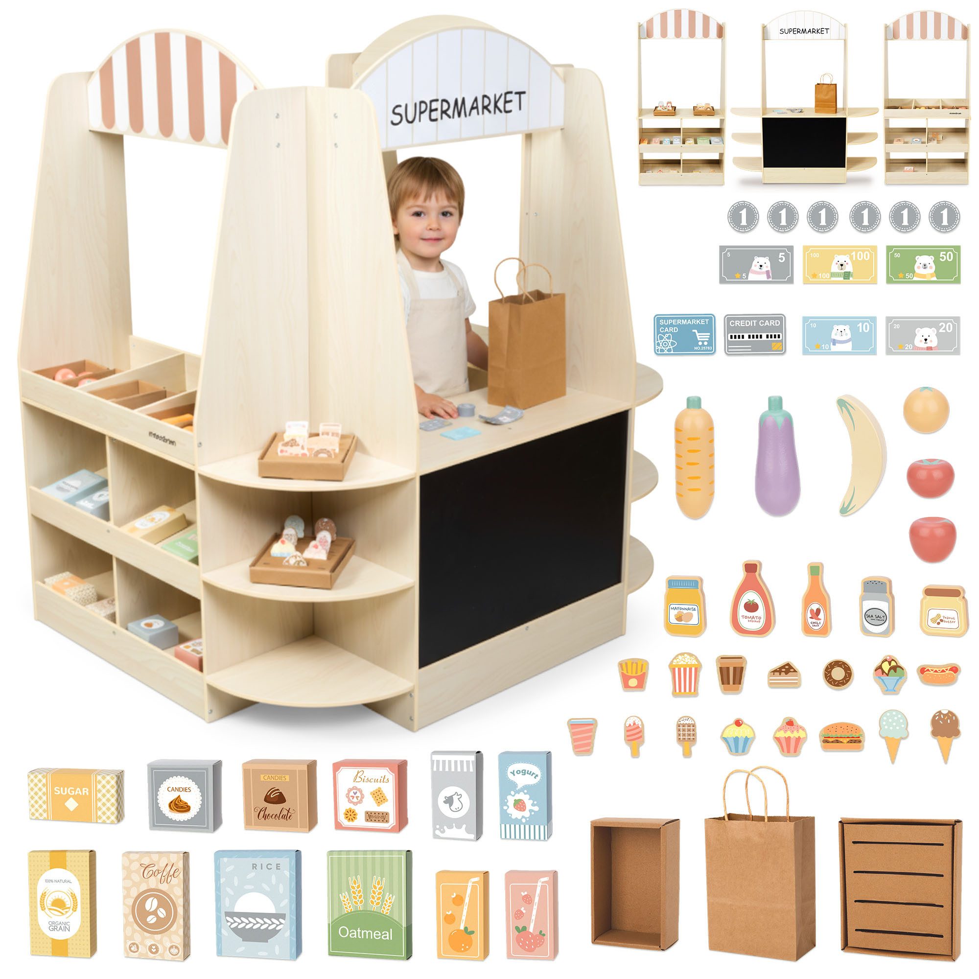 Mamabrum Spiel-Einkaufswagen XXL-Holz-Supermarkt für Kinder – 91-teiliges Einkaufs-Spielset