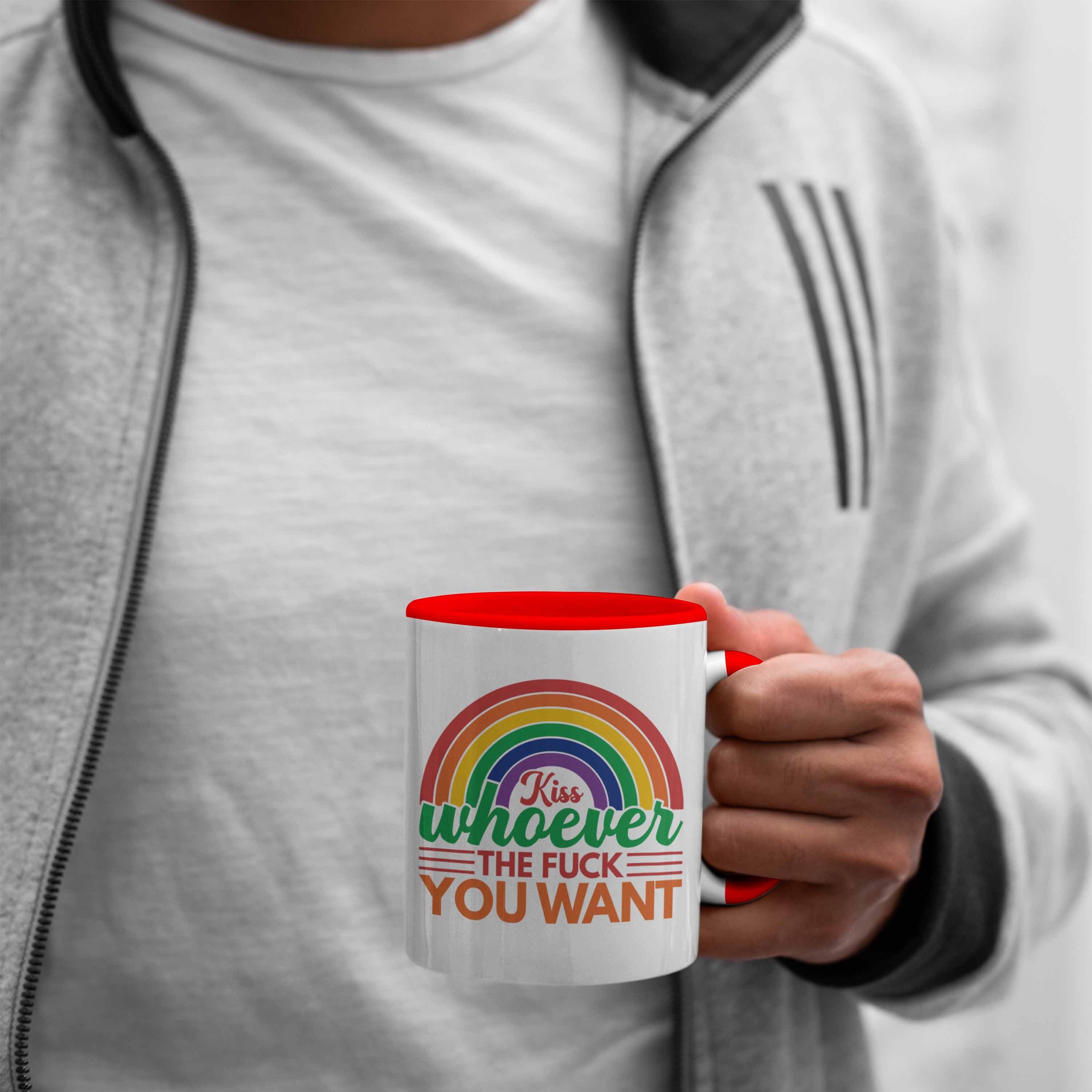 Trendation Tasse Trendation - Schwule Lustige Rot Geschenk You Sounds für Transgender LGBT Regenbogen Lesben Tasse Gay Want Whoever Kiss Im Grafik In Regenbogen