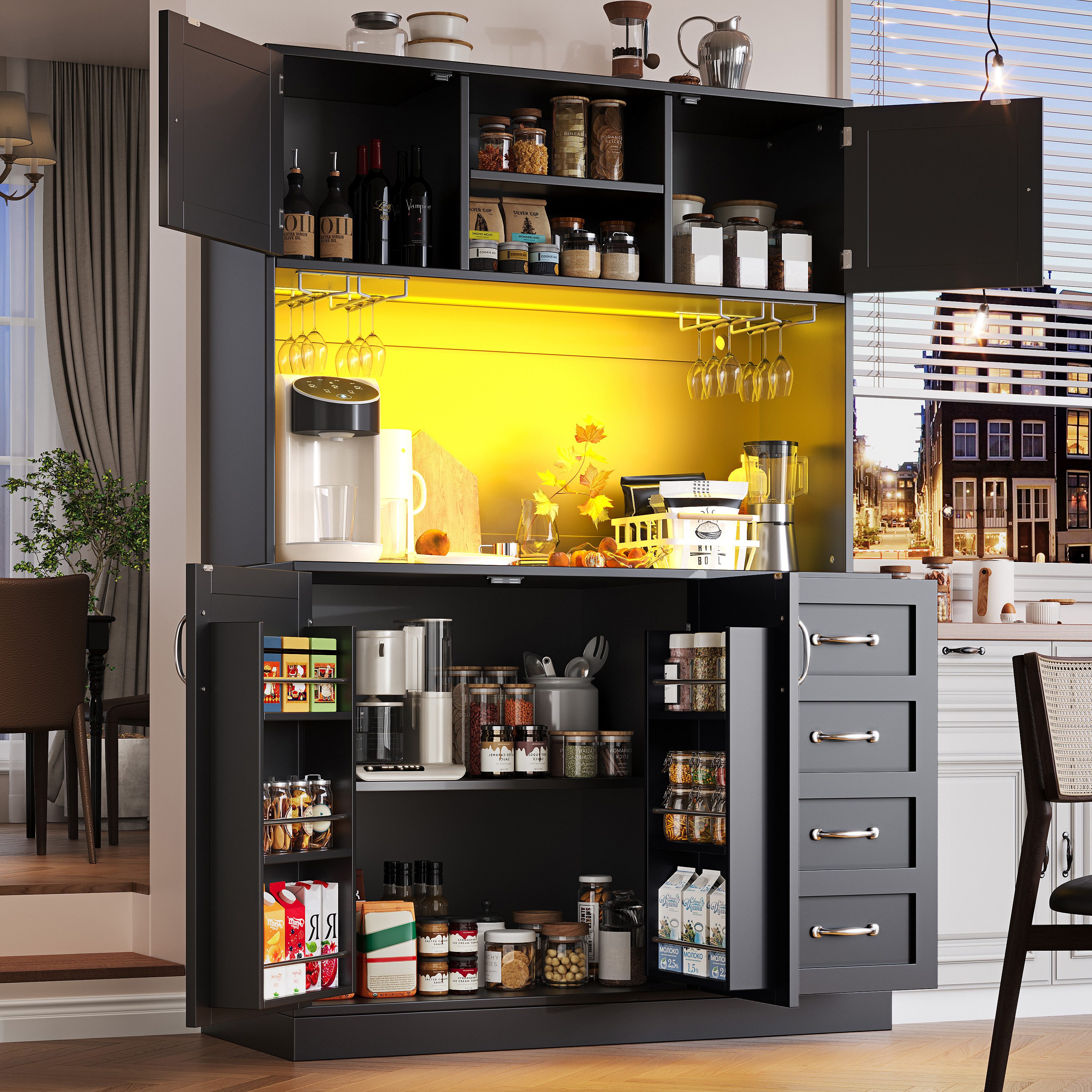 Flieks Küchenbuffet mit LED-Beleuchtung, Gläserhalter, Schubladen und Türablagen (1-St., B120/T40/H188 cm) Hochschrank Küchenschrank Geschirrschrank mit Arbeitsplatte Schwarz