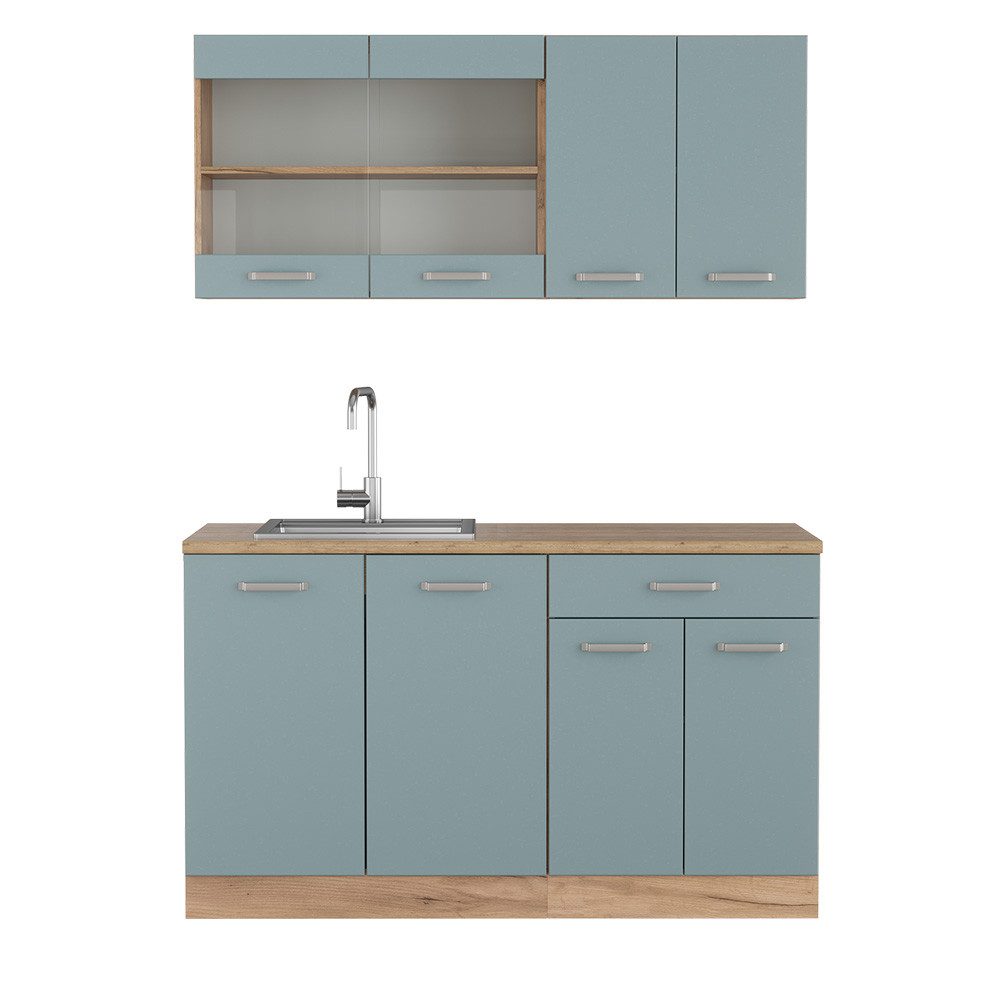 Livinity® Küchenzeile R-Line, Blau-Grau/Goldkraft Eiche, 140 cm, AP Anthrazit
