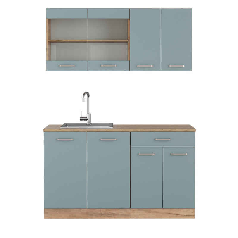 Vicco Küchenzeile R-Line, Blau-Grau/Goldkraft Eiche, 140 cm ohne Arbeitsplatte