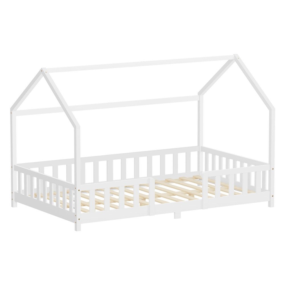 ML-DESIGN Spielbett Hausbett Kinderbett inkl. Lattenrost kreativ Bodenbett für Kinder, Abenteuerbett ohne Matratze 120x200cm Holzbett Weiß Kiefer Bettgestell