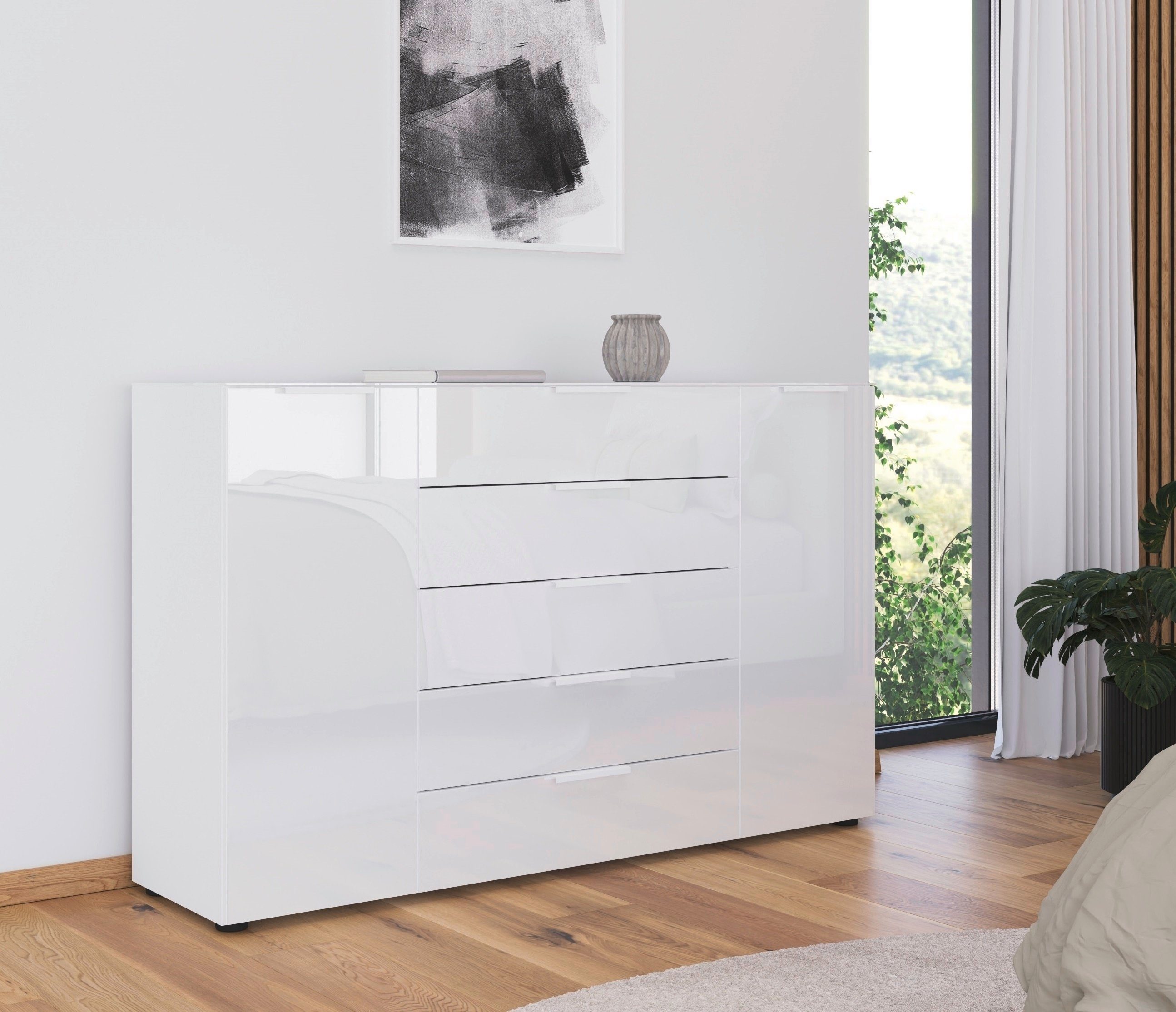 rauch Schubkastenkommode Kommode Türkommode Sideboard Kombikommode FLIPP mit Glasfront (Breite 160/180 cm mit 4 Einlegeböden), 2-türig, 5 Schubladen, Soft-Close, Oberboden und Front Glas, 2 Breiten