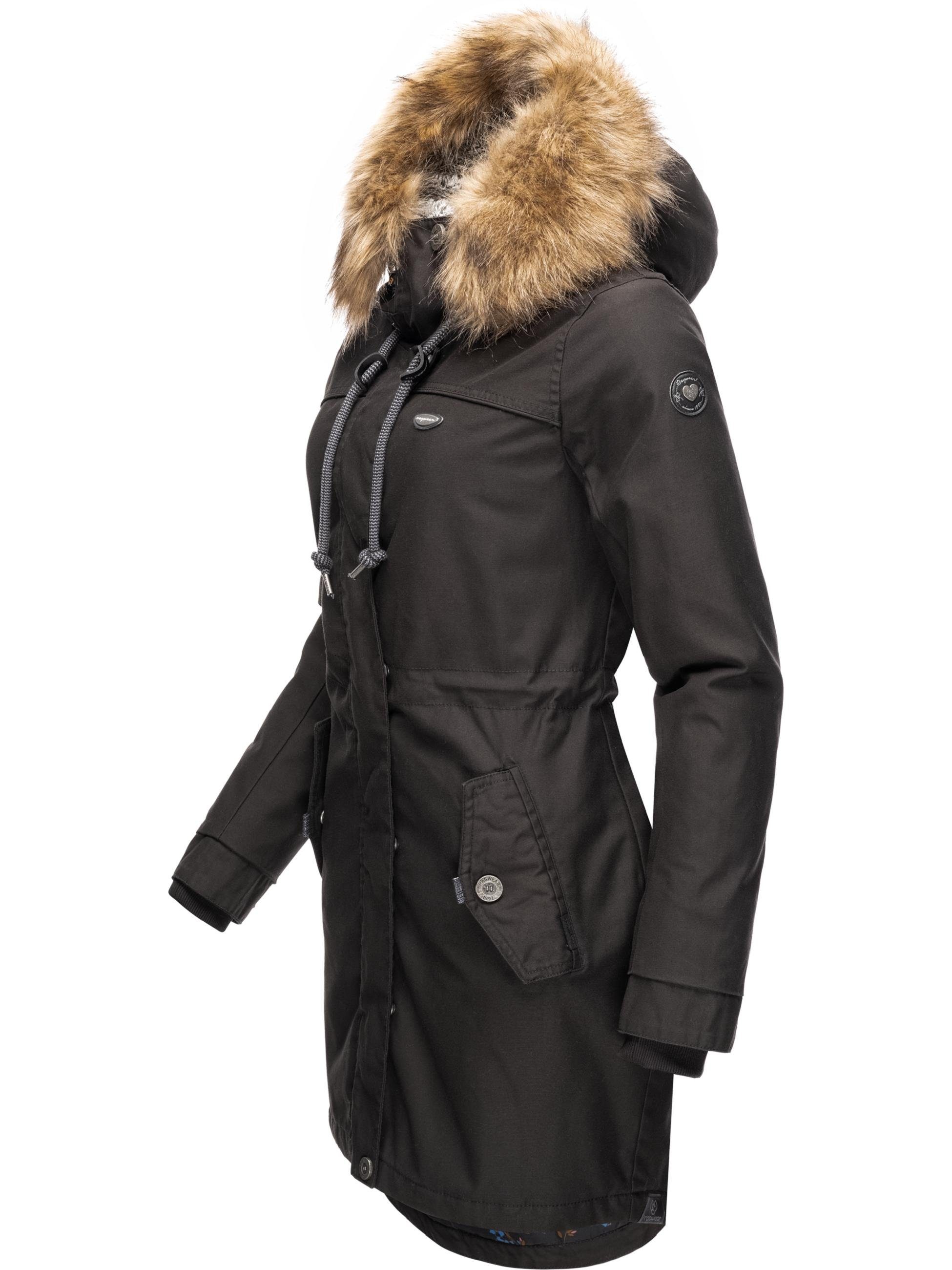 Kunstfellkragen stylischer Tawny großer Kapuze Winterparka Ragwear mit Wintermantel Schwarz und