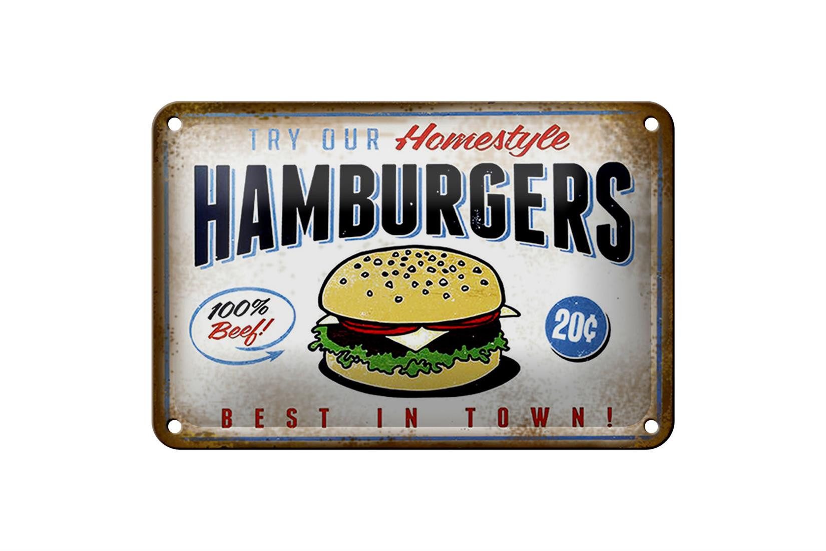Femer GmbH Metallschild Spruch 18x12cm Hamburger best in town 100% Beef, (1 St), gewölbte Oberfläche, abgerundete Ecken, umgeschlagene Kanten
