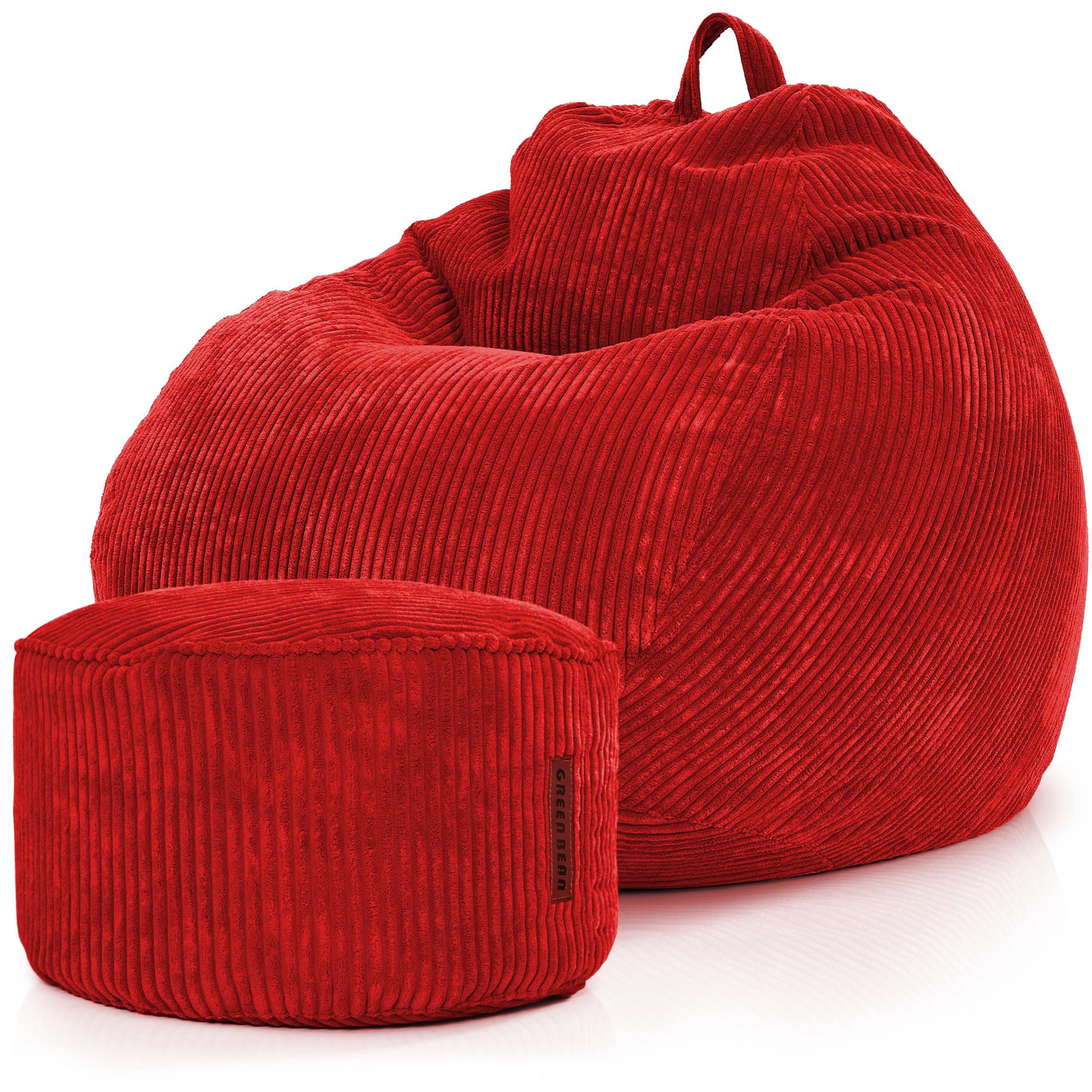 Green Cord, + Bean Rot Sessel Relax mit Pouf Sitzhocker, Sitzsack Scoop Sitzkissen Indoor