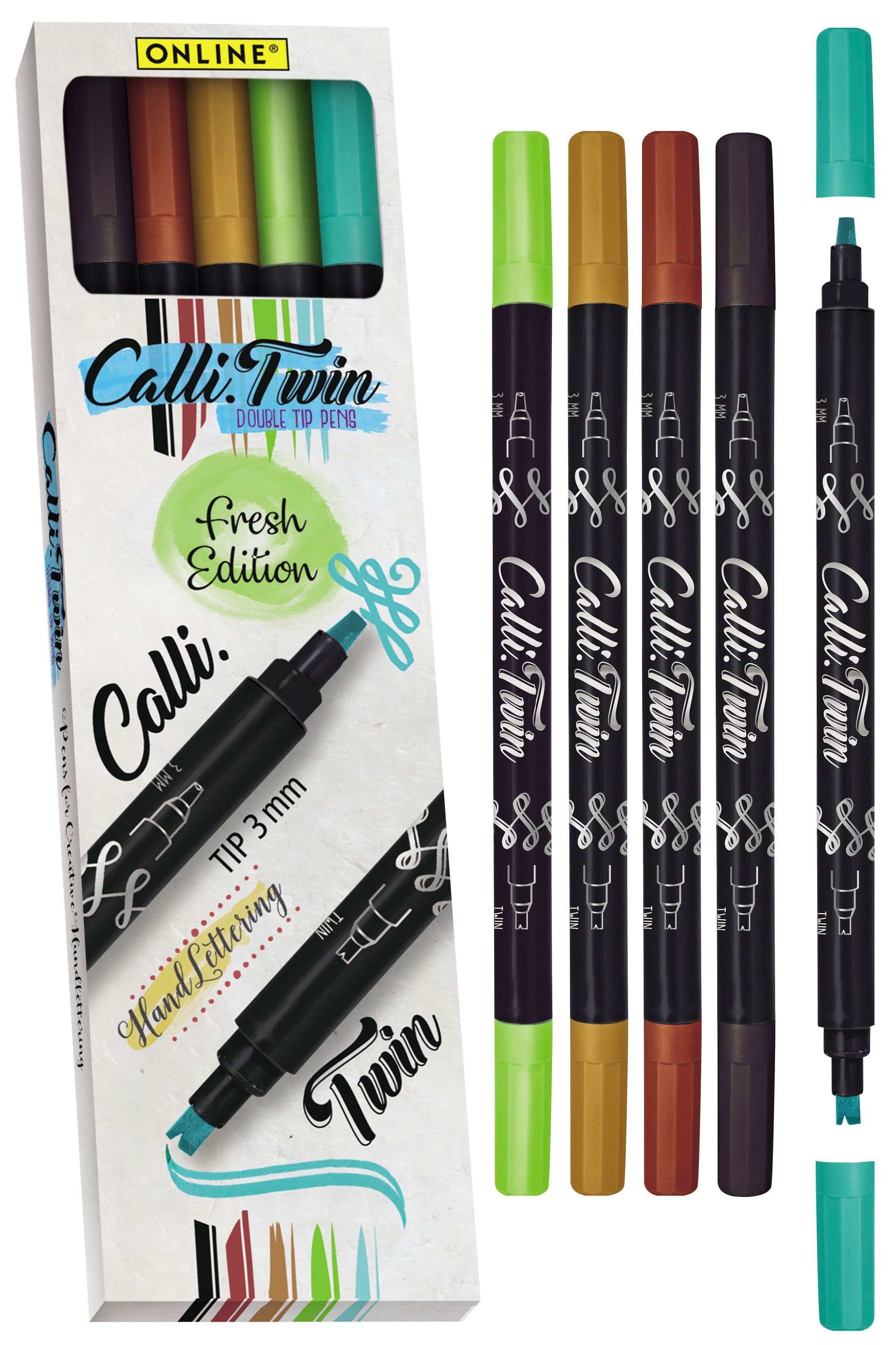 5x Pens, Handlettering Fineliner Spitzen Calli.Twin, Set, verschiedene Online Pen Brush bunte Stifte Fresh