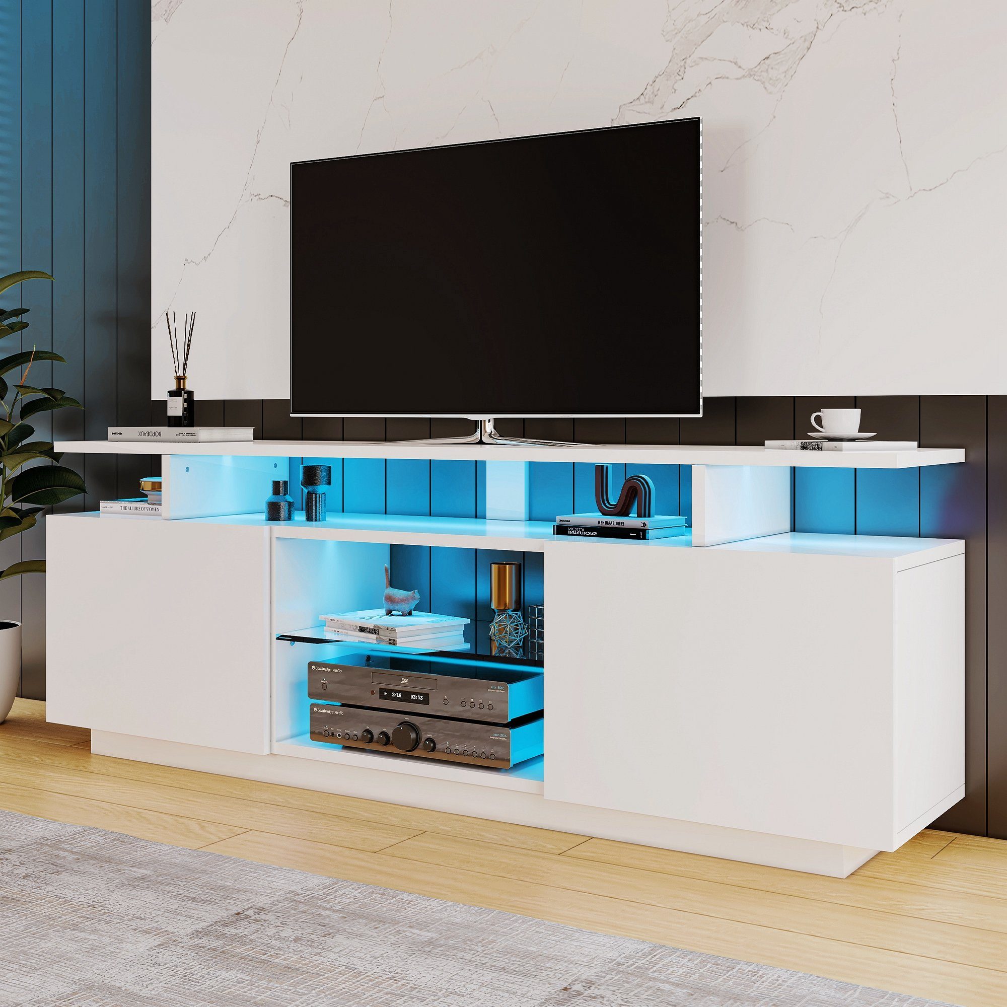 Celya TV-Schrank Moderner TV-Schrank LED-Beleuchtung,1,4 m weißer mit lang
