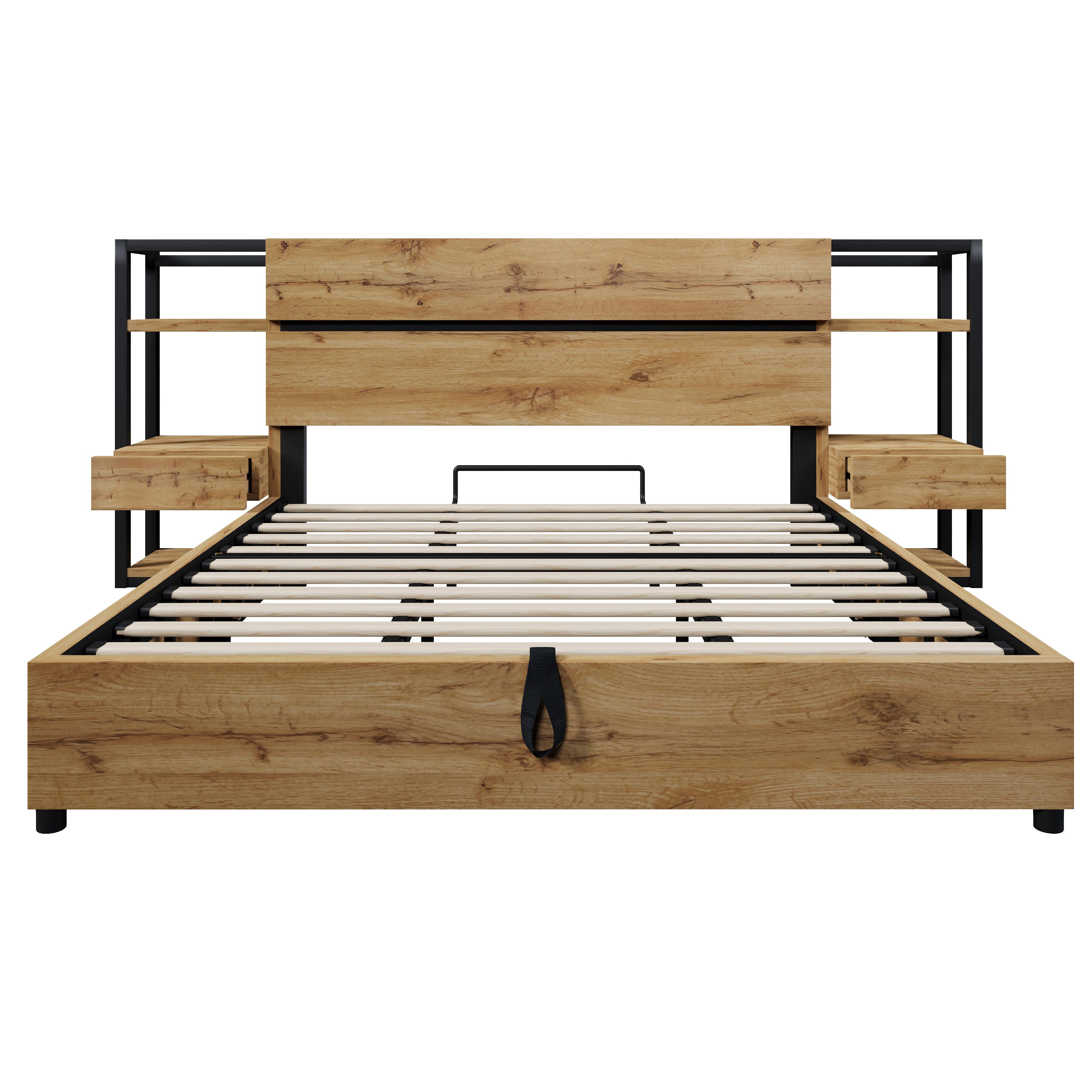 Luckice wooden bed, double bed 180×200cm, hydraulic storage bed (storage headboard with drawers and USB & Type-C charging port, bed frame with wooden slats), oak color (without mattress)