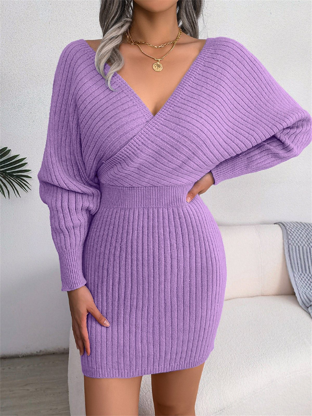 Damen-Tunika-Pulloverkleid mit Sexy und Jersey selected Strickkleid V-Ausschnitt carefully lila