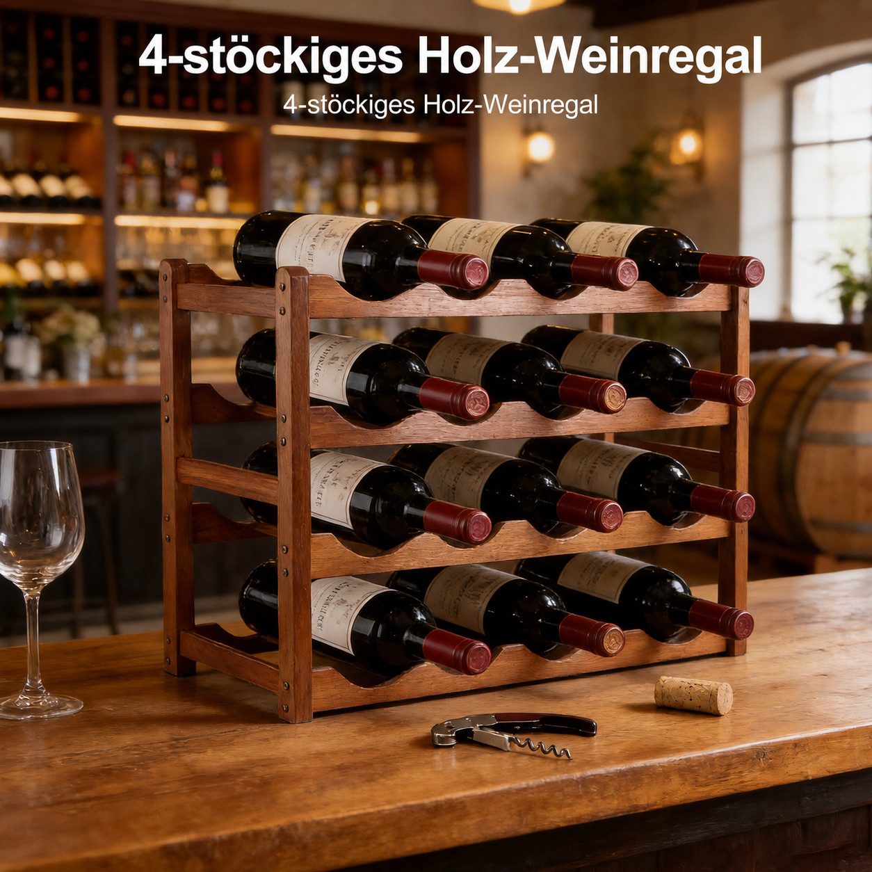 BlingBin Weinregal Holz 16 Flaschen, Flaschenregal 4 Ebenen, stapelbarer Weinständer, 2er Set 2-tlg., für Keller, Lagerraum, Getränkekistenregal