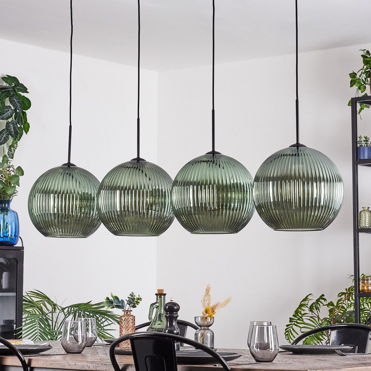 hofstein Hängeleuchte Hängelampe aus Metall/Riffelglas in Schwarz/Grün, Pendelleuchte im Retro/Vintage-Design (Schirme Ø 30 cm), 4 x E27