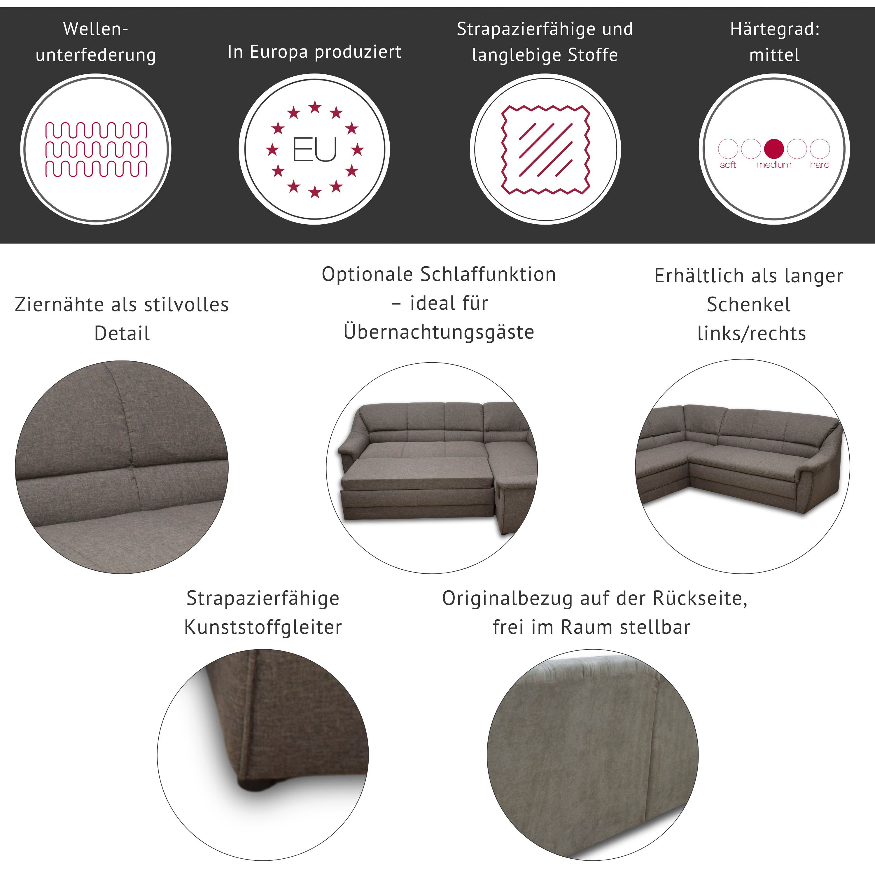 DOMO collection Ecksofa Lale zeitlose Formensprache, komfortabel, Breite 251cm, L-Form, mit langem Schenkel, wahlweise mit Bettfunktion