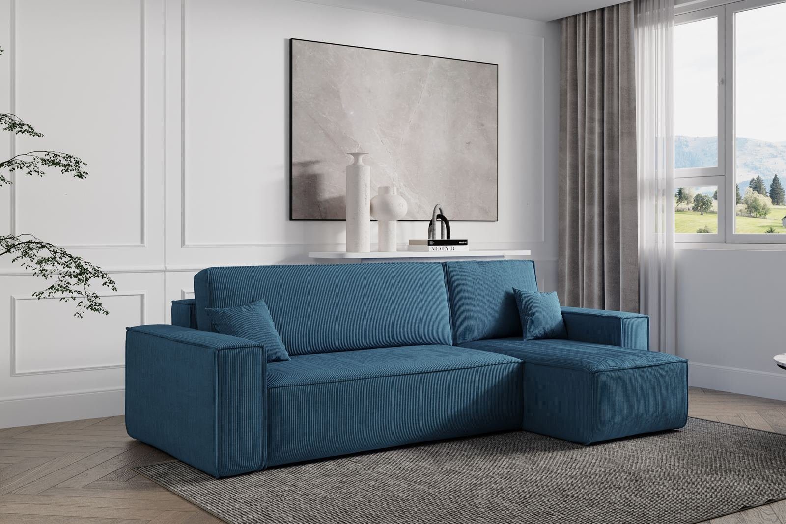 Compleo Ecksofa TOKYO, L-form Ecke, und Modern Breite cm, mit mane Wohnzimmer universelle mit Cord, Schlaffunktion, 244 Bettkasten, Blau