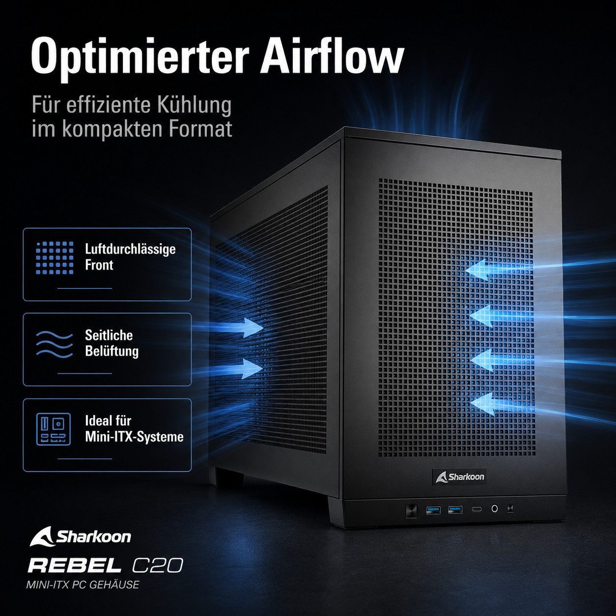 Sharkoon PC-Gehäuse Rebel Mini ITX PC Gehäuse Gaming Computer Tower C20, Gaming Gehäuse Computergehäuse Micro PC Computer Gaming Tower