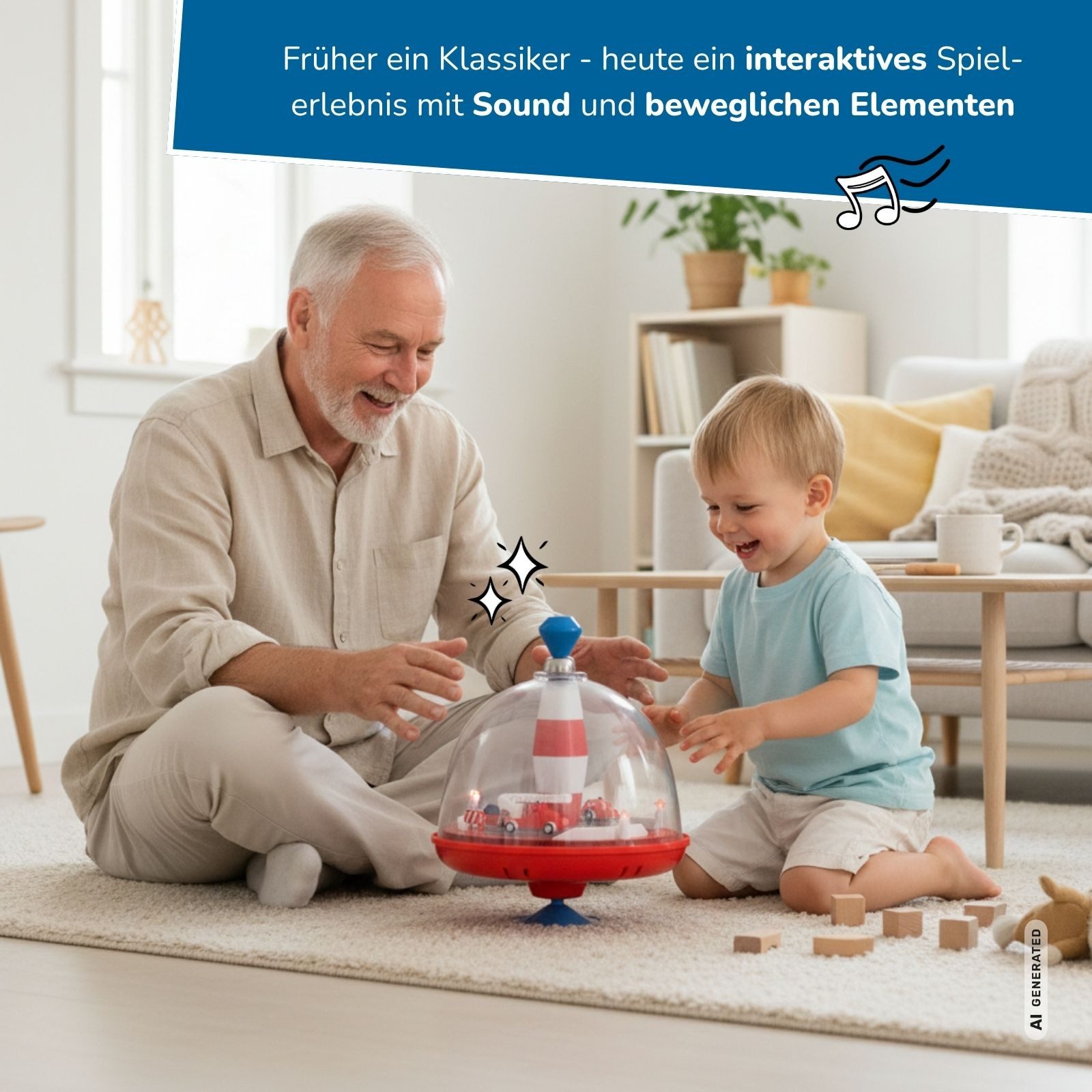 alldoro Brummkreisel Feuerwehr-Panoramakreisel mit Sound und Licht für Kinder ab 18 Monate, Interaktives Motorikspielzeug, batteriebetrieben, bewegliche Elemente