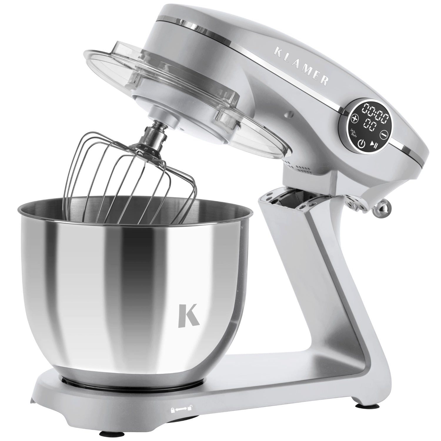 KLAMER Küchenmaschine 1800W, 6L Edelstahl-Schüssel, Knetmaschine mit 10 Geschwindigkeiten & Timer, silber, 1800 W, 6 l Schüssel, Spritzschutz, 3 Werkzeuge, Saugfüße, digitales Display, Timer