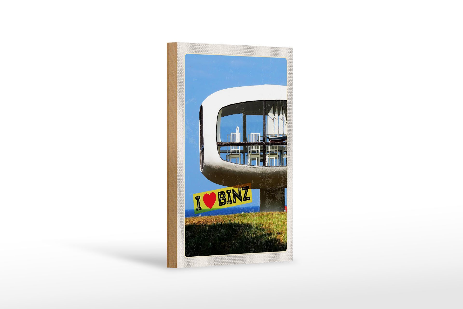 Holzbild Reise 12x18 cm Binz Deutschland Gebäude Stühle Tisch