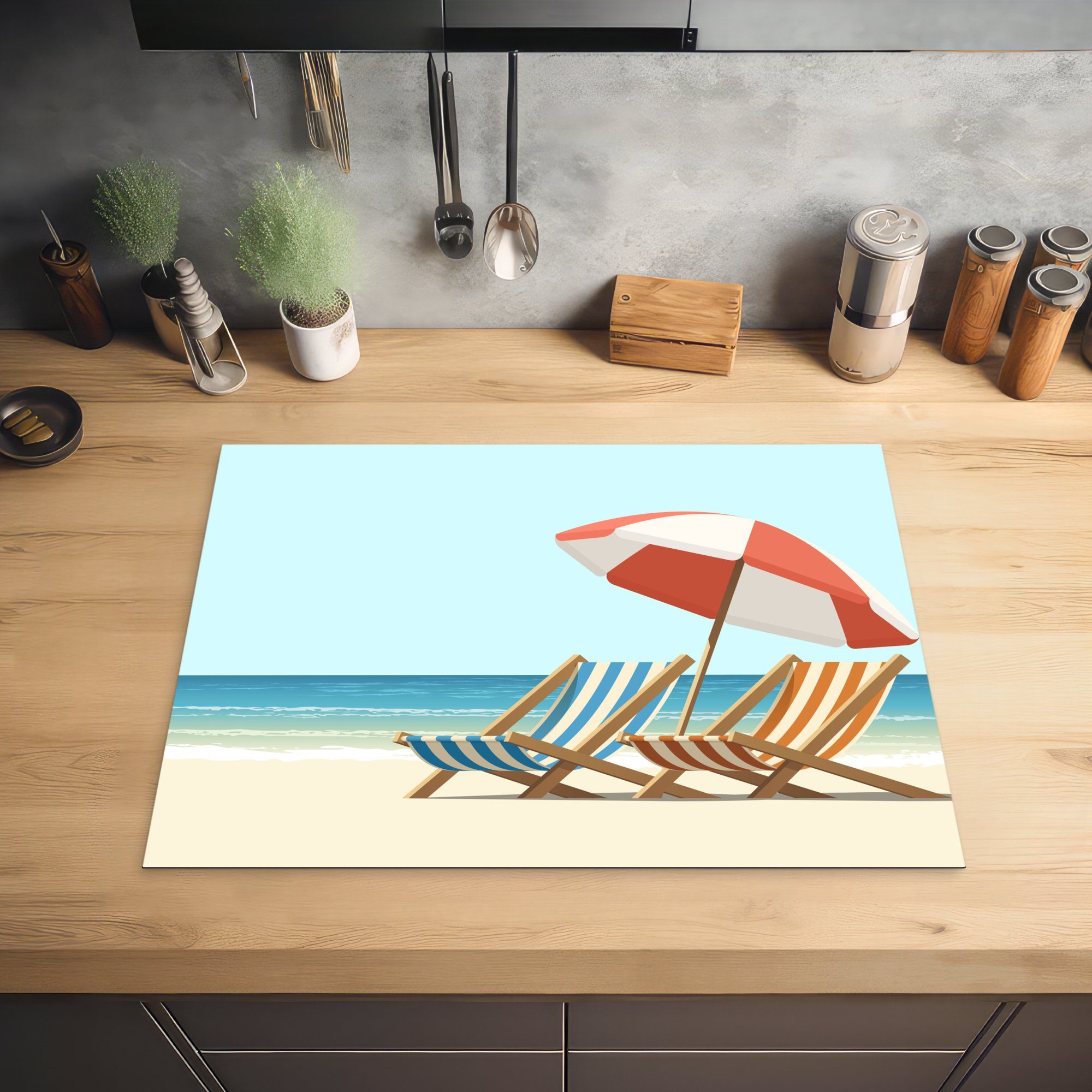 Vinyl, Illustration Schutz von die (1 cm, küche, tlg), MuchoWow 71x52 Herdblende-/Abdeckplatte Induktionskochfeld Ceranfeldabdeckung für zwei Sommer Strandkörben,