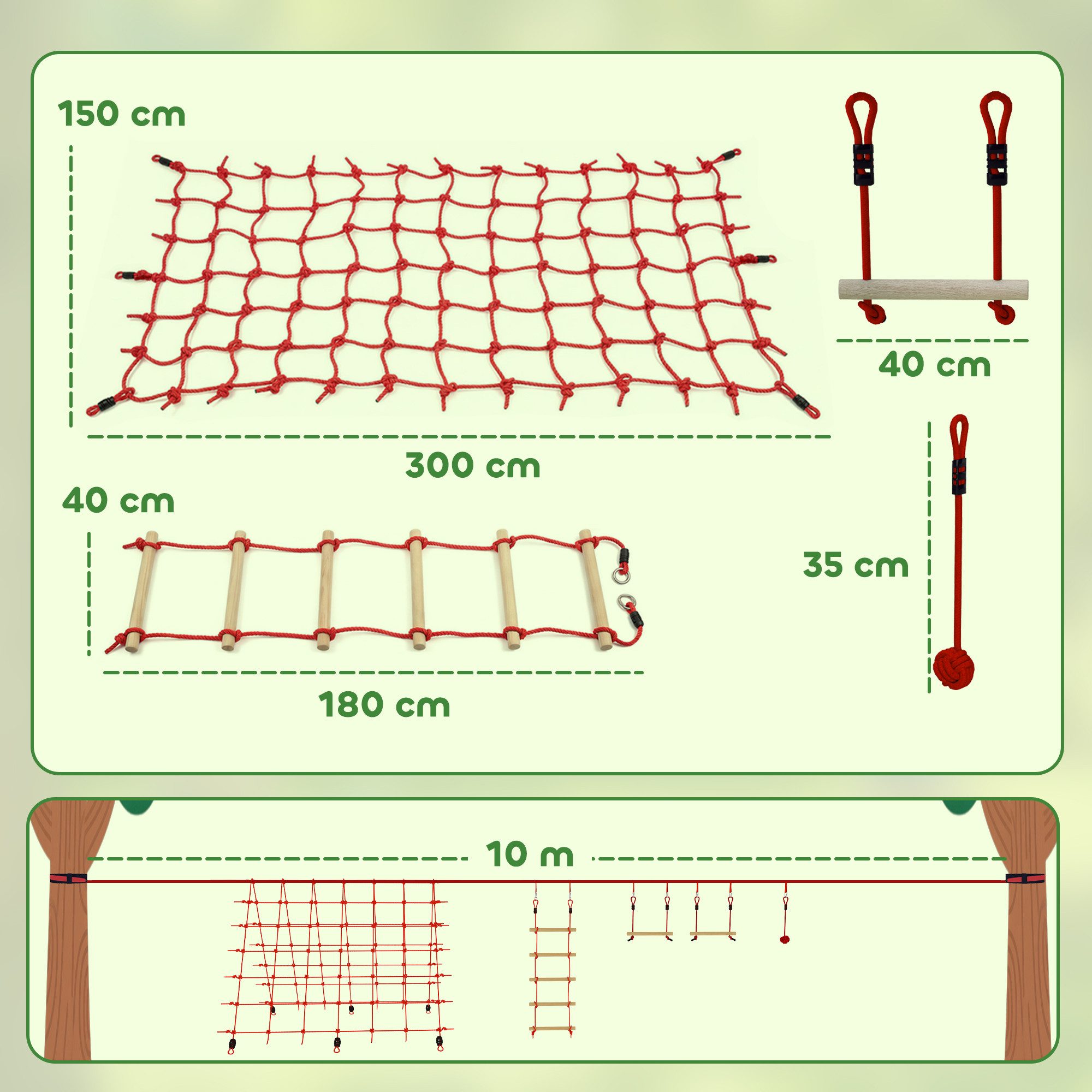 AIYAPLAY Slackline Ninja Line Kinder mit Turnringe, Schaukel, Kletterleiter, für 3-6 Jahre Kinder Rot