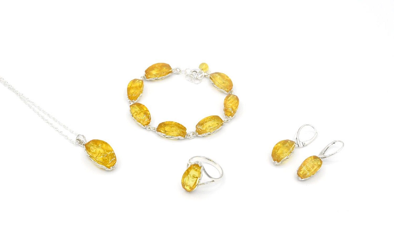 MyBer® Schmuckset Bernstein Set Halskette Pendant Armband Ohrringe Ring hellgelb (6-tlg), Schmuck Set Damen Silber 925 PMBER10